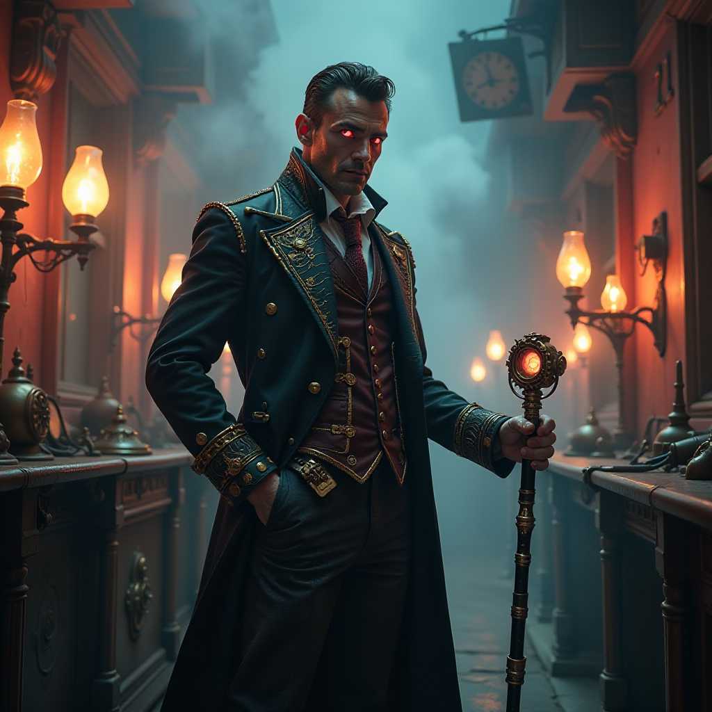 A medium shot of a sinister figure standing in a dimly lit, smoke-filled room, surrounded by an array of steampunk gadgets and cyberpunk holographic displays. The character wears a Victorian-style suit with brass and leather accents, complemented by cybernetic enhancements glowing ominously. His eyes, cold and calculating, shine with a mechanical red hue, and he holds a menacing cane with intricate gears and circuitry. The room is filled with shadows that dance across the walls, enhanced by the flickering light of old-fashioned gas lamps mixed with neon glows, creating an atmosphere of dark intrigue and technological menace.

