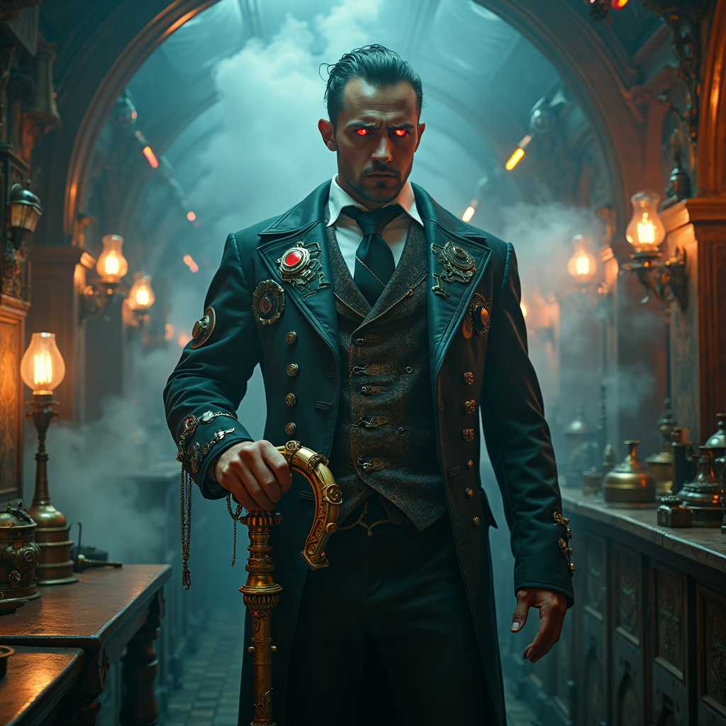 A medium shot of a sinister figure standing in a dimly lit, smoke-filled room, surrounded by an array of steampunk gadgets and cyberpunk holographic displays. The character wears a Victorian-style suit with brass and leather accents, complemented by cybernetic enhancements glowing ominously. His eyes, cold and calculating, shine with a mechanical red hue, and he holds a menacing cane with intricate gears and circuitry. The room is filled with shadows that dance across the walls, enhanced by the flickering light of old-fashioned gas lamps mixed with neon glows, creating an atmosphere of dark intrigue and technological menace.
