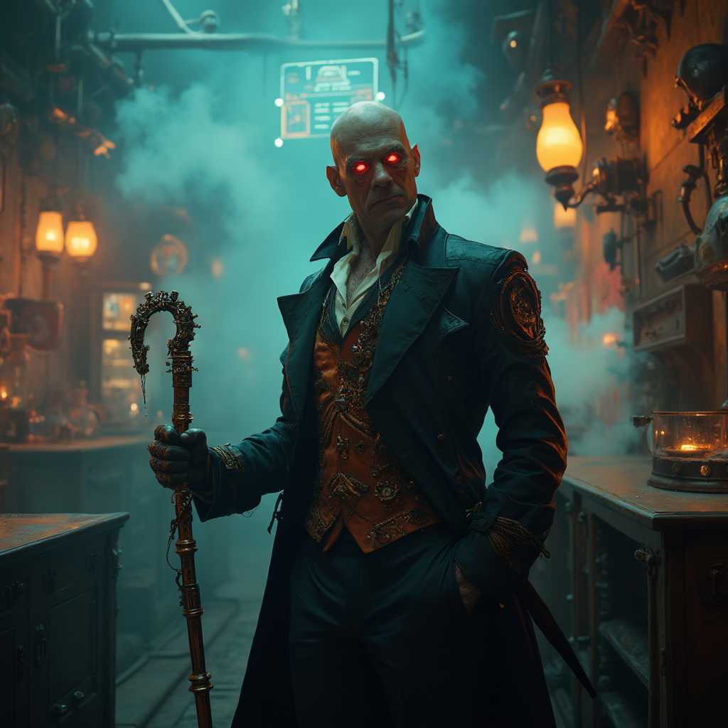 A medium shot of a sinister figure standing in a dimly lit, smoke-filled room, surrounded by an array of steampunk gadgets and cyberpunk holographic displays. The character wears a Victorian-style suit with brass and leather accents, complemented by cybernetic enhancements glowing ominously. His eyes, cold and calculating, shine with a mechanical red hue, and he holds a menacing cane with intricate gears and circuitry. The room is filled with shadows that dance across the walls, enhanced by the flickering light of old-fashioned gas lamps mixed with neon glows, creating an atmosphere of dark intrigue and technological menace.
