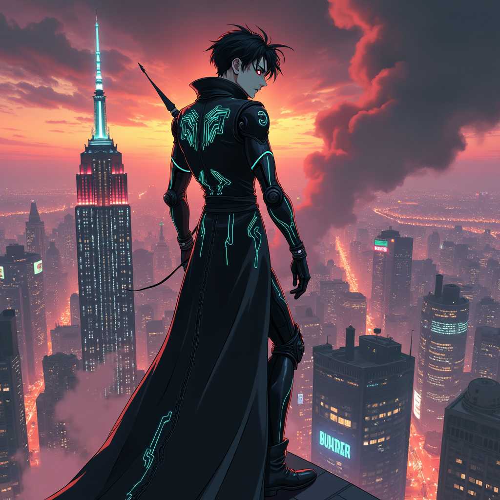 An anime-style character portrait of a devious antagonist in a steampunk-cyberpunk world. The villain is a slender figure with sharp, angular features, sporting a mechanical arm and a long, flowing coat with neon circuit patterns. He stands atop a towering skyscraper, overlooking a sprawling city bathed in the glow of neon signs and steam, with a dark, swirling sky hinting at a looming threat.
