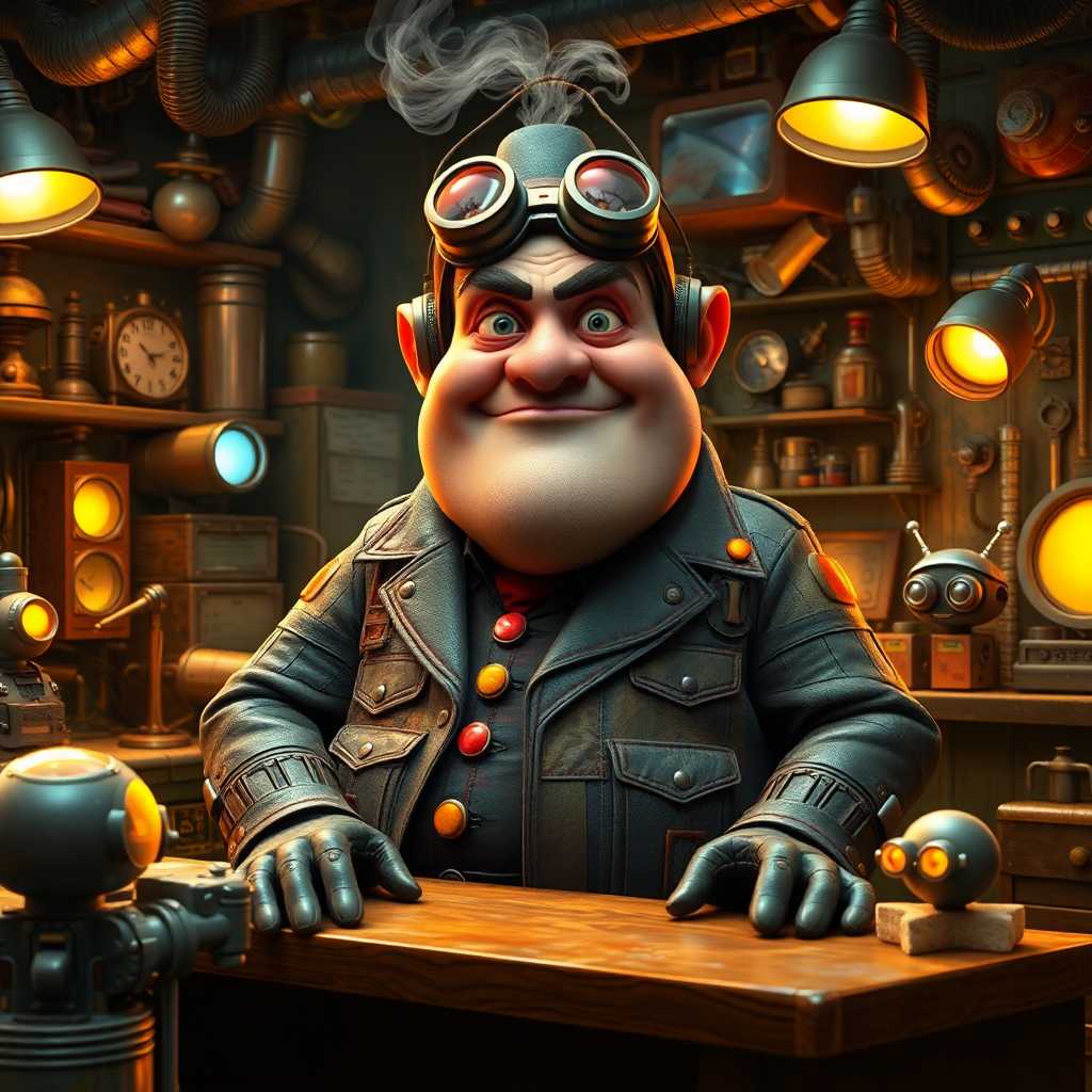 A CGI-rendered scene featuring a mischievous villain in a whimsical blend of steampunk and cyberpunk. The character is a plump figure with exaggerated features, wearing oversized goggles and a patchwork suit of blinking lights and steam vents. He sits at a cluttered workbench filled with quirky inventions and robotic minions, in a cluttered workshop that merges Victorian charm with futuristic technology, all under warm, ambient lighting.

