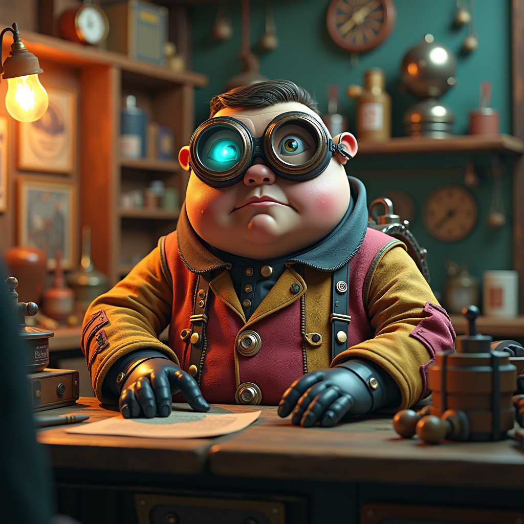 A CGI-rendered scene featuring a mischievous villain in a whimsical blend of steampunk and cyberpunk. The character is a plump figure with exaggerated features, wearing oversized goggles and a patchwork suit of blinking lights and steam vents. He sits at a cluttered workbench filled with quirky inventions and robotic minions, in a cluttered workshop that merges Victorian charm with futuristic technology, all under warm, ambient lighting.

