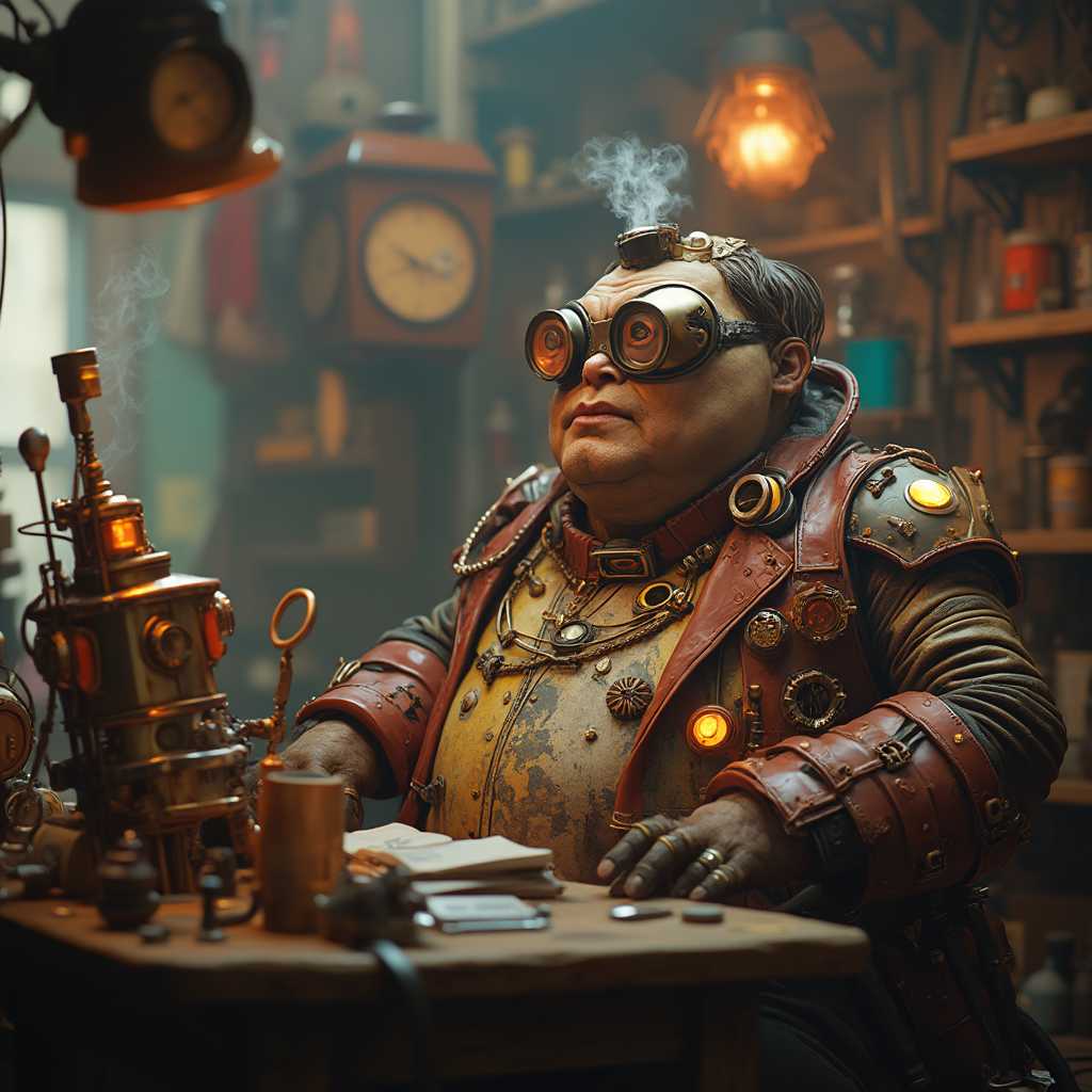 A CGI-rendered scene featuring a mischievous villain in a whimsical blend of steampunk and cyberpunk. The character is a plump figure with exaggerated features, wearing oversized goggles and a patchwork suit of blinking lights and steam vents. He sits at a cluttered workbench filled with quirky inventions and robotic minions, in a cluttered workshop that merges Victorian charm with futuristic technology, all under warm, ambient lighting.
