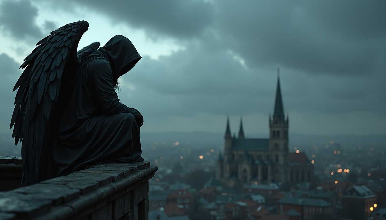 Dark Angel in Contemplation overlooking a Gothic Cityscape at Dusk