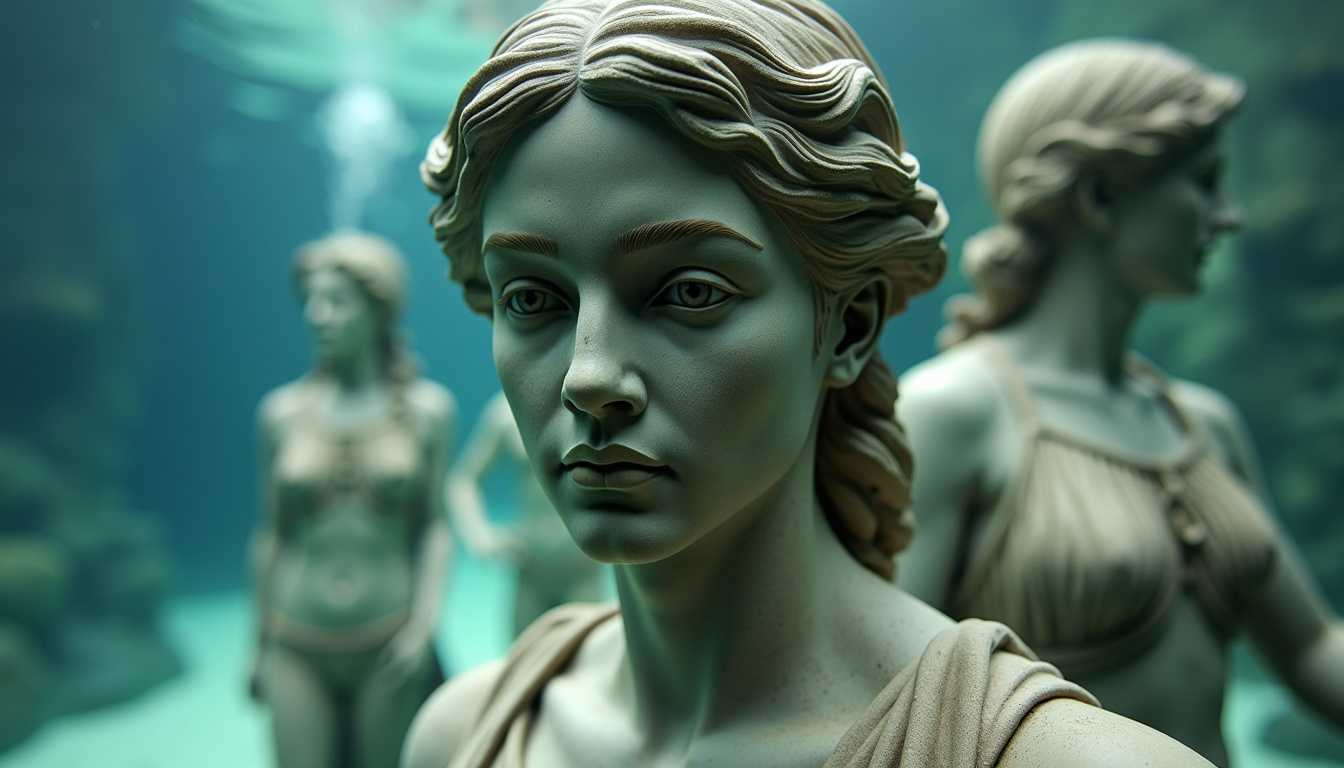A photo of a slightly tilted statue of an African American woman with Asian features underwater. The statue has a neutral expression, similar to Roman statues. The underwater environment creates a soft glow around the statue. The background is blurred and contains other statues.