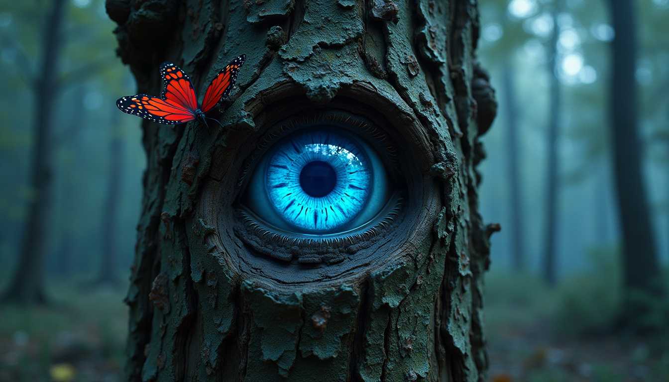 A mesmerizing 3D rendering of a haunting, glowing blue eye embedded in the intricate bark of an ancient tree trunk. The eye gazes intensely at the viewer, exuding a sense of wisdom, foreboding, and mystique. A vibrant red butterfly perches on the tree trunk, adding a touch of contrasting color to the scene. The cinematic quality of the image creates a captivating atmosphere, immersing the viewer in an intense and mysterious world. The lush, atmospheric forest in the background hints at an exciting supernatural adventure waiting to unfold, making it the perfect poster for a gripping, fantasy film experience., cinematic, poster