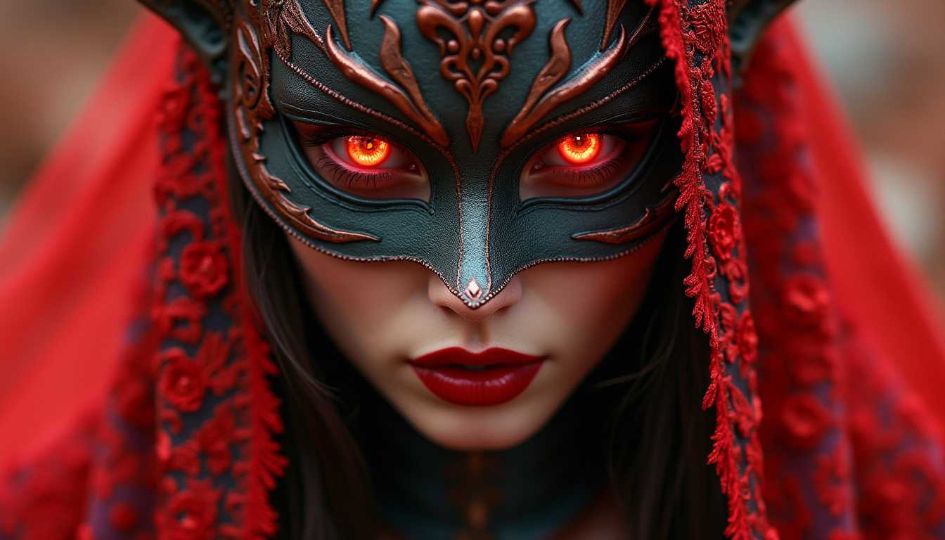 Midjourney style, vilain female figure in devil metalic mask red embroidery drapes, fantasy cinematic light epic, highest quality and detailed, front view, magic light, magnificent, closeup, hyper realistic, vivid colors,  brian froud, jeremy mann, tim burton,  model expression,  complex patterns. crystallized Tattered illuminated, The ambient lights enhance the detailed textures . Ultra-high definition, highly detailed, blending fantasy elements with fantay design. 