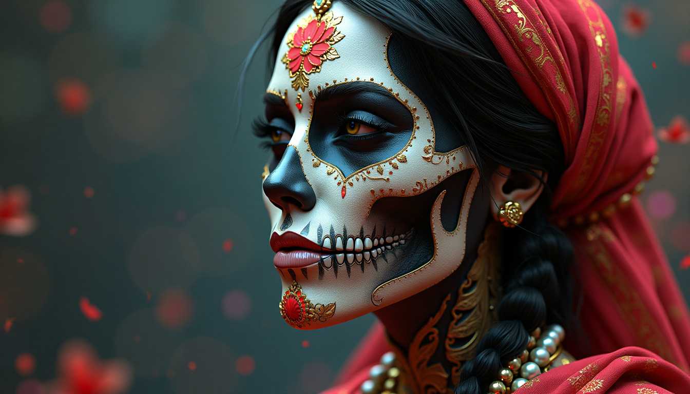 4k, Indian Female with a skull face Abstract Tech, 3D, High definition, Photo realistic. By Sasan