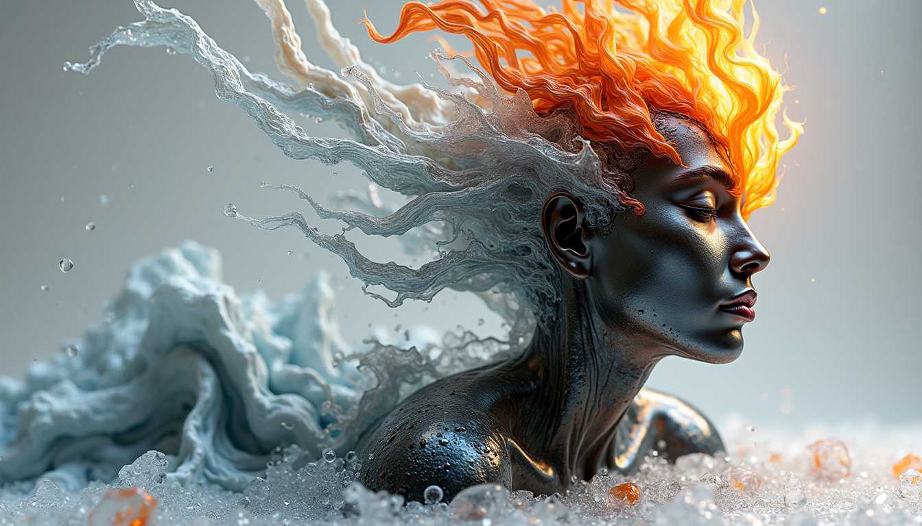Imagine a surreal atmosphere crafted from some of the most contrasting materials imaginable, blending elements that typically oppose one another—such as flames intertwined with flowing water, hard metal juxtaposed with soft fabric, and the chill of ice meeting the intense heat of lava. The figure that emerges from this fusion appears otherworldly, with each material challenging the laws of nature yet coming together to form a cohesive and intriguing entity. The background is a clean white, set against a subtle gray gradient, enhancing the striking contrasts of textures and elements in the composition. By Sasan 