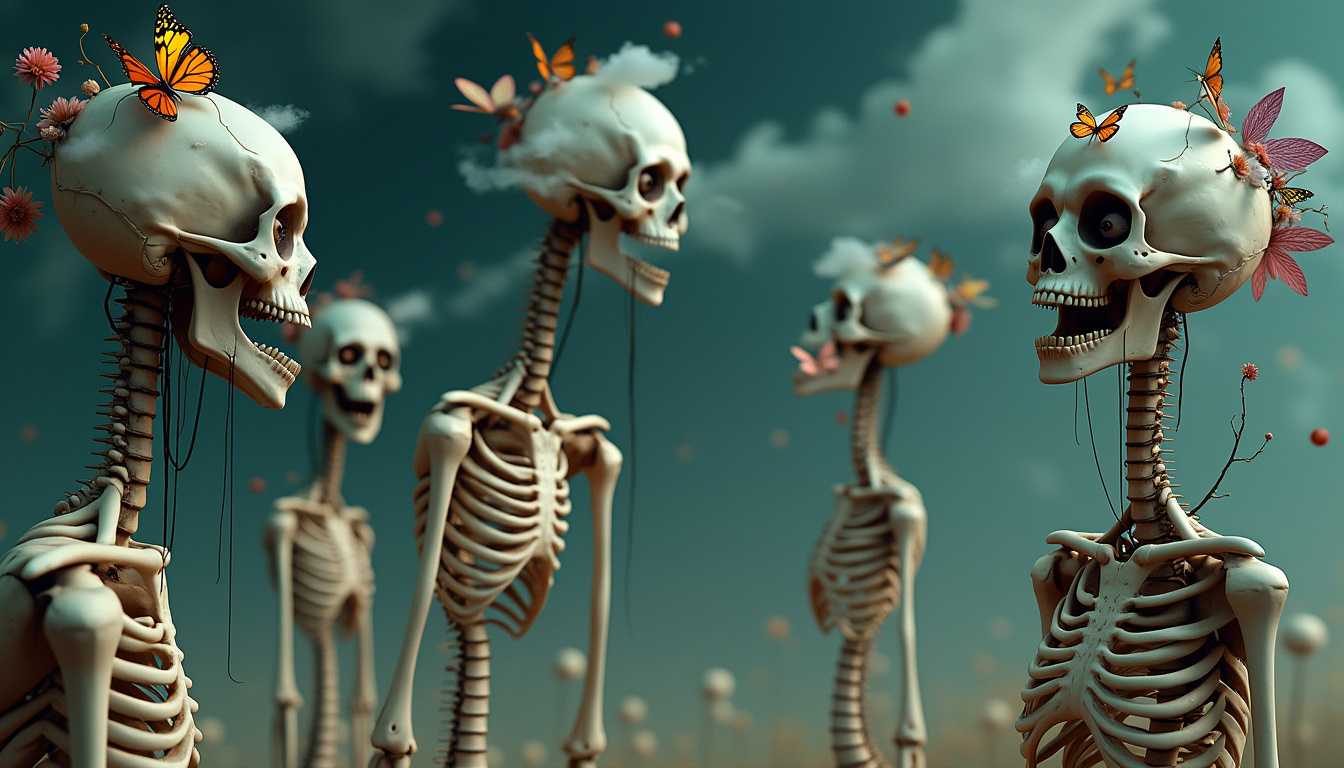 A nightmarish 3D hallucination unfolds, where skeletal, elongated figures melt and distort, their forms tethered by delicate strings to spiraling voids. Faces split and blur, eyes multiply, and limbs extend in impossible directions, dripping as if caught between worlds. Butterflies and flowers emerge from fractured heads, while strange, cloud-like creatures hover above, watching with hollow stares. The scene pulses with a schizophrenic energy, a DMT-laden vision where reality warps into grotesque beauty, and the mind is left grasping at the edges of an ever-shifting, bizarre dreamscape.