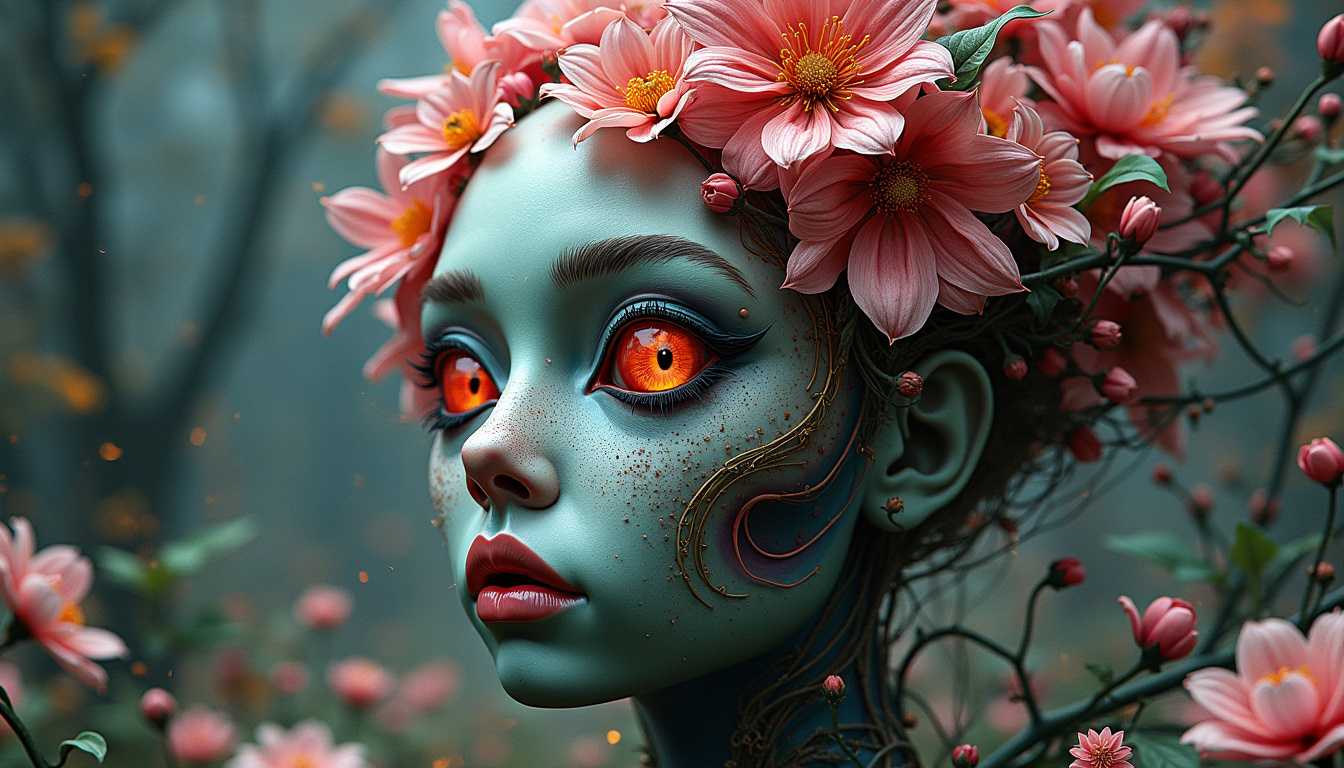 Android blossoms in a fantastic and dreamlike style with strange and imaginative elements. Combine realistic details with unusual and otherworldly imagery to create a thought-provoking, eerie scene. Emphasize the sense of the strange and the subconscious, fluid shapes, vibrant contrasts, intricate, imaginative and twisted reality.
