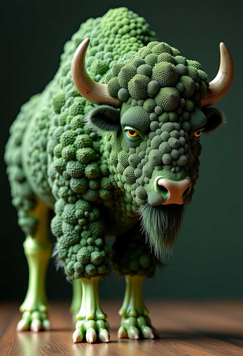 A striking, ultra-realistic depiction of a european bison crafted from broccoli elements. The bison's luxurious, curly fur is meticulously made from the rich green florets, with each curl showcasing the vegetable's natural texture. Its muscles and organs are ingeniously formed from the tender, fibrous stalks, while the cellular structure features tiny buds representing organelles. The bison stands proudly, its unique composition illuminated by soft, natural light that enhances the depth and realism of its form. The vibrant colors and textures harmoniously blend the organic beauty of both bison and broccoli, captivating the imagination in this conceptual art piece. The photograph or 3D render captures the essence of this extraordinary creature, leaving a lasting impression on the viewer., vibrant, photo


