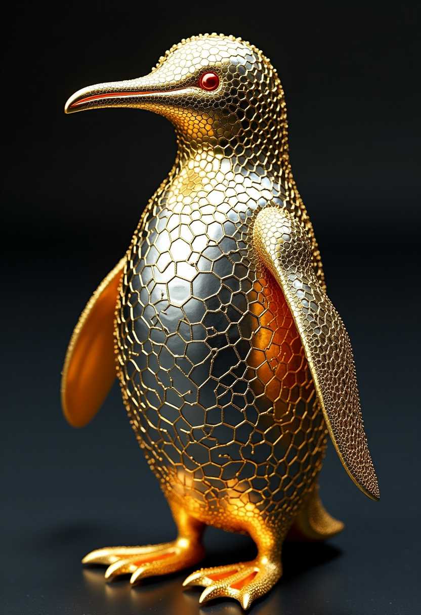 A hyper-realistic, extremely detailed figur of a golden and silver Fimo pinguin with a Voronoi structure. The pinguin has a golden body with a silver pattern. The pattern is a Voronoi diagram, which is a partitioning of a plane into regions based on distance to points. The pinguin is in a The pinguin is placed on a black background.


