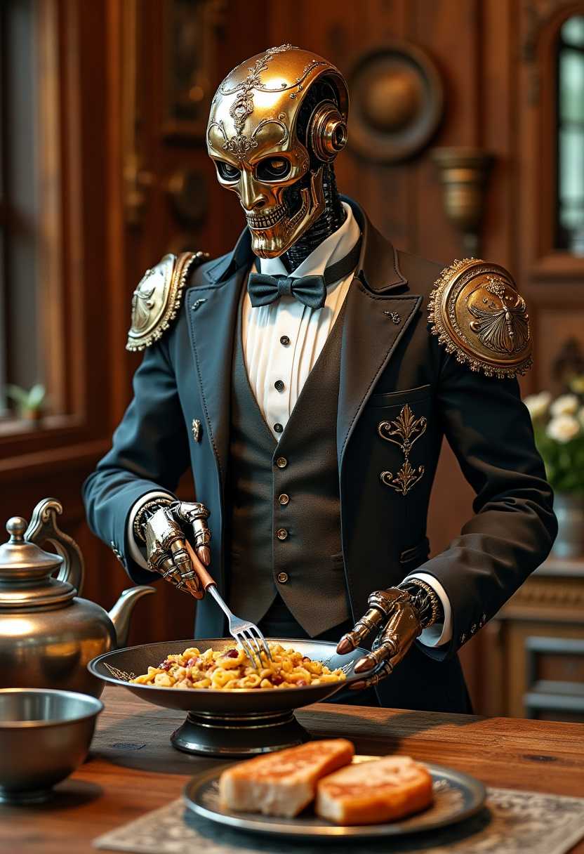 An extremely detailed and hyper realistic Victorian-inspired robotic butler, with many small parts made of copper, silver and brass, preparing a lavish feast in a rustic, Victorian-inspired wood-panelled kitchen of a Victorian stil manor house.

