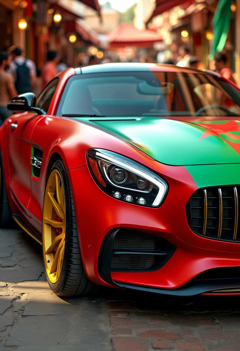 A stunningly realistic photograph of a sleek Mercedes-Benz, customized with the colors of the Moroccan flag. The car features a red body with a green roof, and yellow accents on the wheels and badging. The flag's emblem is prominently displayed on the hood, and the vehicle is parked in front of a vibrant and bustling Moroccan marketplace. The overall ambiance of the image is lively, with a mix of modern luxury and traditional Moroccan charm.
