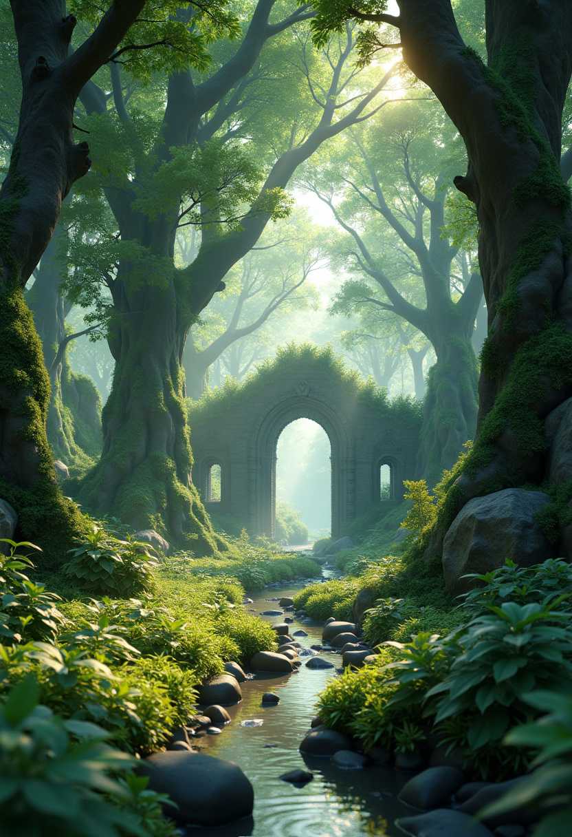 A stunning 3D render of a dense forest with towering trees, lush green foliage, and a small, winding river. The sunlight filters through the branches, casting dappled light on the forest floor. In the distance, there's a mystical, ancient stone archway, hinting at a hidden path or secret grove. The overall atmosphere is serene and magical, with a sense of wonder and exploration., photo, 3d render
