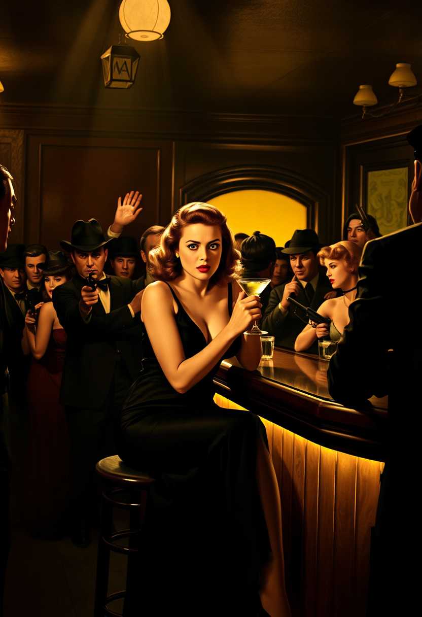 masterpiece, best quality, highres, sharp image, more detail, Title: "Classic Noir Suspense in a 1940s Bar"

A cinematic scene unfolds in a dimly lit 1940s speakeasy, exuding an atmosphere of classic film noir. The focus is on a captivating woman seated at the bar. Her long, elegant black dress shimmers subtly under the ambient light, creating an enigmatic allure. She delicately holds a martini glass with a twist of lemon, her expression one of calm yet concealed tension. The bar's warm, yellow glow casts soft shadows, enhancing the vintage ambiance.

Surrounding her, men and women dressed in era-appropriate attire buzz with animated conversation, their presence filled with an unspoken tension. Many of the men sport slicked-back hair and double-breasted suits, while the women wear glamorous dresses and stylish hats. Subtle but noticeable, several patrons hold guns, their gestures nonchalant yet deliberate, contributing to a sense of impending danger.

The composition captures the woman at the center of the frame, with patrons blurred slightly in the background to maintain focus on her enigmatic poise. The camera angle is low and intimate, offering a voyeuristic perspective, as if peeking into a scene from a suspenseful narrative. Smoke from cigars weaves through the air,