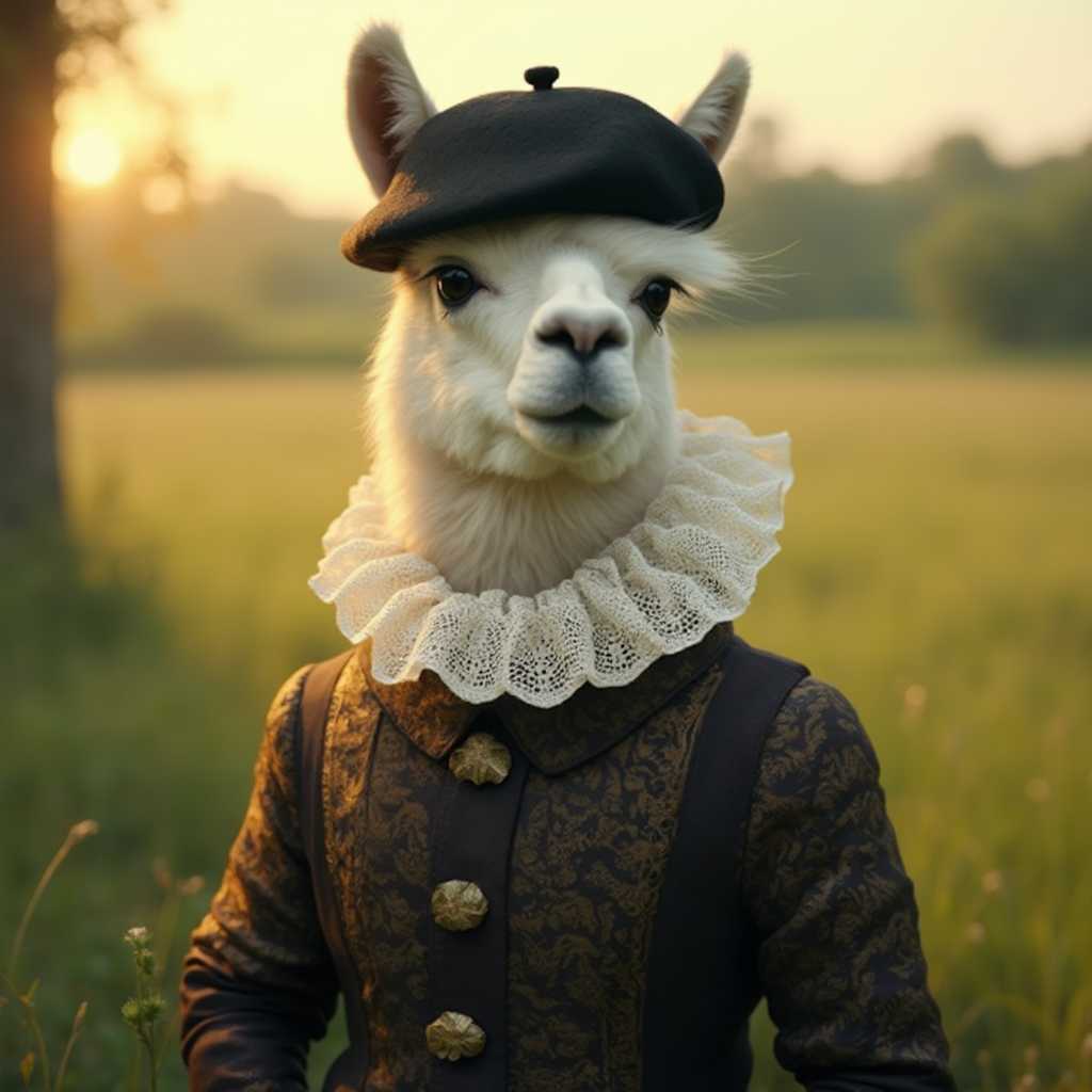 This image is a whimsical and surreal portrayal of a llama dressed in humanlike attire. The llama is standing in a pastoral setting, with a blurred background that suggests a field or meadow, likely during the golden hour of sunrise or sunset, given the warm, soft light that bathes the scene.The llama is adorned with a black beret perched atop its head, and around its neck is a white lace ruff collar, which is reminiscent of Elizabethan or Victorian fashion. The beret and ruff collar give the llama a distinguished and somewhat scholarly appearance. The beret is a classic French headwear item, and the ruff collar is a decorative piece of clothing that was worn by the upper classes in the past.The llama is also wearing a dark, patterned garment that resembles a tunic or a longsleeved shirt. The fabric of the garment has a rich texture, and the pattern is intricate, suggesting a luxurious or highquality material. The garment is buttoned up, and the buttons are visible, adding to the humanlike aspect of the llamas attire.The overall art style of the image is digital, with a high level of detail and realism. The textures and patterns on the clothing are rendered with great precision, and the colors are vibrant and harmonious. The use of lighting and shadow in the image gives it a threedimensional quality, and the composition is balanced and aesthetically pleasing.The medium of the image is likely a digital painting or illustration, given the smooth gradients and seamless blending of colors. The colors used in the image are warm and earthy, with a predominance of greens, browns, and soft yellows and oranges, which evoke a sense of tranquility and natural beauty.The objects in the image are primarily the llamas attire and the pastoral setting. The beret, ruff collar, and tunic are the focal points, drawing the viewers attention to the anthropomorphic aspect of the image. The pastoral setting adds to the whimsical nature of the image, providing a serene and idyllic backdrop that contrasts with the unexpected sight of a llama dressed in human clothing.