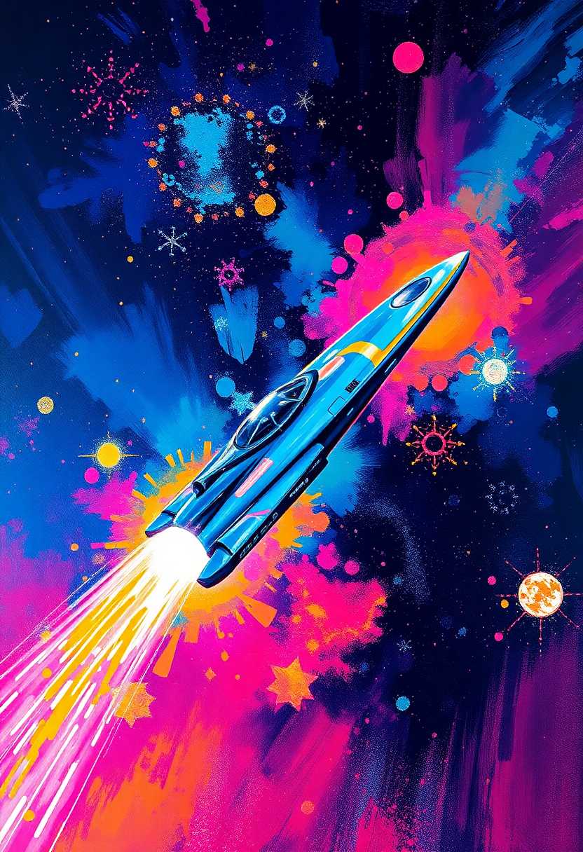 Title: "Interstellar Voyage"

Prompt: An abstract oil painting in the modern Aidma ink style, showcasing a sleek and futuristic spaceship soaring seamlessly through the vastness of interstellar space. The composition is a spectacular symphony of vibrant neon colors, blending in a mesmerizing gradient across the canvas. The broad, rough brush strokes create a dynamic texture, giving a sense of motion and fluidity to the spaceship's journey. The night sky is a tapestry of intricately detailed stars and ethereal nebulas, their luminous glow casting an otherworldly ambiance. The painting is a celebration of color and form, with the spaceship positioned centrally, slightly angled to convey its swift passage through the cosmos. The artwork evokes a sense of wonder and adventure, inviting the viewer to imagine the infinite possibilities of space travel. The overall atmosphere is both exhilarating and serene, capturing the awe of the celestial realm.