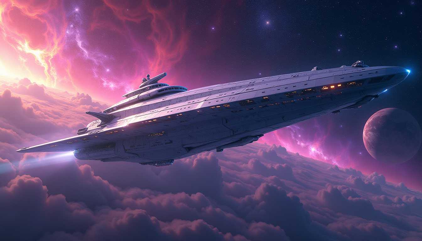 **Title**: "Luminescent Voyage through the Cosmos"

**Visual Details**: Depict an enormous, intricately designed spaceship soaring majestically through the vastness of the galaxy. The spaceship should have sleek metallic surfaces with luminous, blue and silver highlights, showcasing advanced technology. The backdrop is a kaleidoscope of cosmic colors, swirling and blending into vibrant hues of purple, red, and orange, resembling a cosmic aurora borealis. These colors should seem to emanate from distant nebulae and stars, casting an iridescent glow across the scene.

**Style**: Futuristic space opera, reminiscent of classic science fiction art with a touch of modern digital art finesse. Employ a high-definition, hyperrealistic style to highlight the intricate details of both the spaceship and the galactic landscape.

**Composition**: Place the enormous spaceship prominently in the foreground, slightly tilted to show its grandeur and size. The camera angle should be from below, enhancing the magnitude and imposing presence of the vessel. In the background, a vast expanse of stars, planets, and celestial clouds extends infinitely, creating depth and perspective.

**Mood and Atmosphere**: Convey a sense of awe and wonder, capturing the solitude yet beauty of space exploration. The scene occurs in a