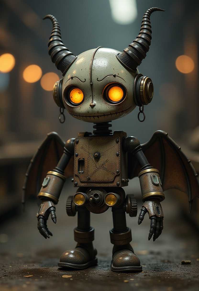 This image features a closeup of a character that appears to be a stopmotion puppet or a claymation figure. It is a victorian robot in a factory that produces sinister steampunk robots with glowing eyes, horns and bat wings 