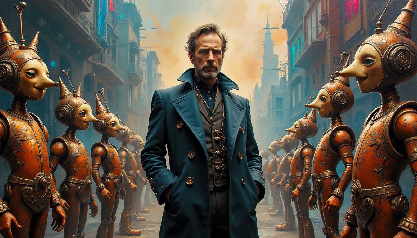 An impressionistic painting of a man in a voluminous coat, standing amidst a futuristic cyberpunk setting. The scene is filled with whimsical, metal Pinocchio-style toys, each crafted with elaborate, Baroque-inspired details. The background features an abstract cityscape with swirling neon colors and dramatic chiaroscuro lighting, blending classical art influences with a modern, dystopian vibe.