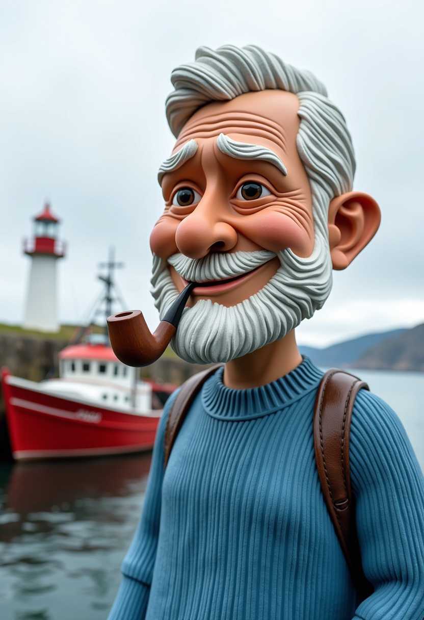Whimsical Elderly Fisher Statue with Pipe, Against Maritime Backdrop