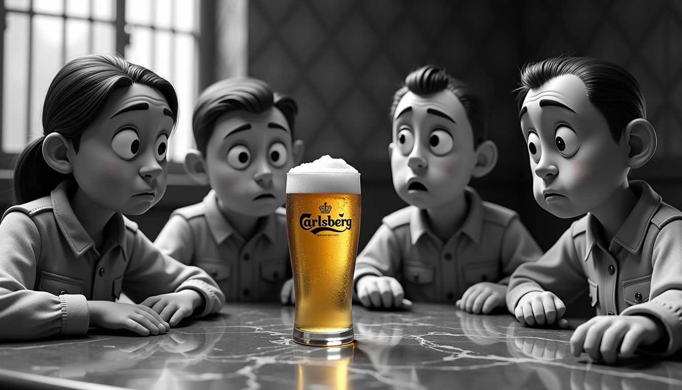 The image is black and whire, except the glass of beer which is in radiant full color. This image features a closeup of 4 exaggerated tired and exhausted cartoon characters wearing grimy white army shirts. 3 of the chatacters are male and 1 is female. They appear to be a stopmotion puppets or a claymation figures. One of them is a  female army ambulance nurse. Their eyes are all focused on a single glass of beer. Capturing a moment of tension and gravity among a group of individuals. The art style is reminiscent of mid20th century cinematic photography, with a focus on dramatic lighting and shadow that accentuates the contours of the characters and the textures of their clothing and the setting.The medium appears to be celluloid, given the graininess and the quality of the image, which is characteristic of film photography. The colors are not present, as it is a black and white image, which often conveys a sense of nostalgia or a bygone era.The objects in the image include1. A tall, frosted glass with a beer, prominently placed in the foreground on the left side of the table. The glass is in colo and has a label that reads Carlsberg, indicating the brand of the beer. The froth on top of the beer adds a sense of freshness and realism to the scene.2. The table itself has a marbled surface, which adds a touch of elegance to the otherwise utilitarian setting.3 The individuals are dressed in what appears to be military uniforms, suggesting a wartime or military setting.4. The background is indistinct but hints at an interior space with a patterned wall and a window with bars, which could imply a location of confinement or a military base.5. The lighting in the scene is dramatic, with strong contrasts between the darkened background and the illuminated faces of the characters, which adds to the intensity of the moment captured.Overall, the image evokes a sense of historical drama and the human experience within a specific context, likely a narrative of war or conflict.