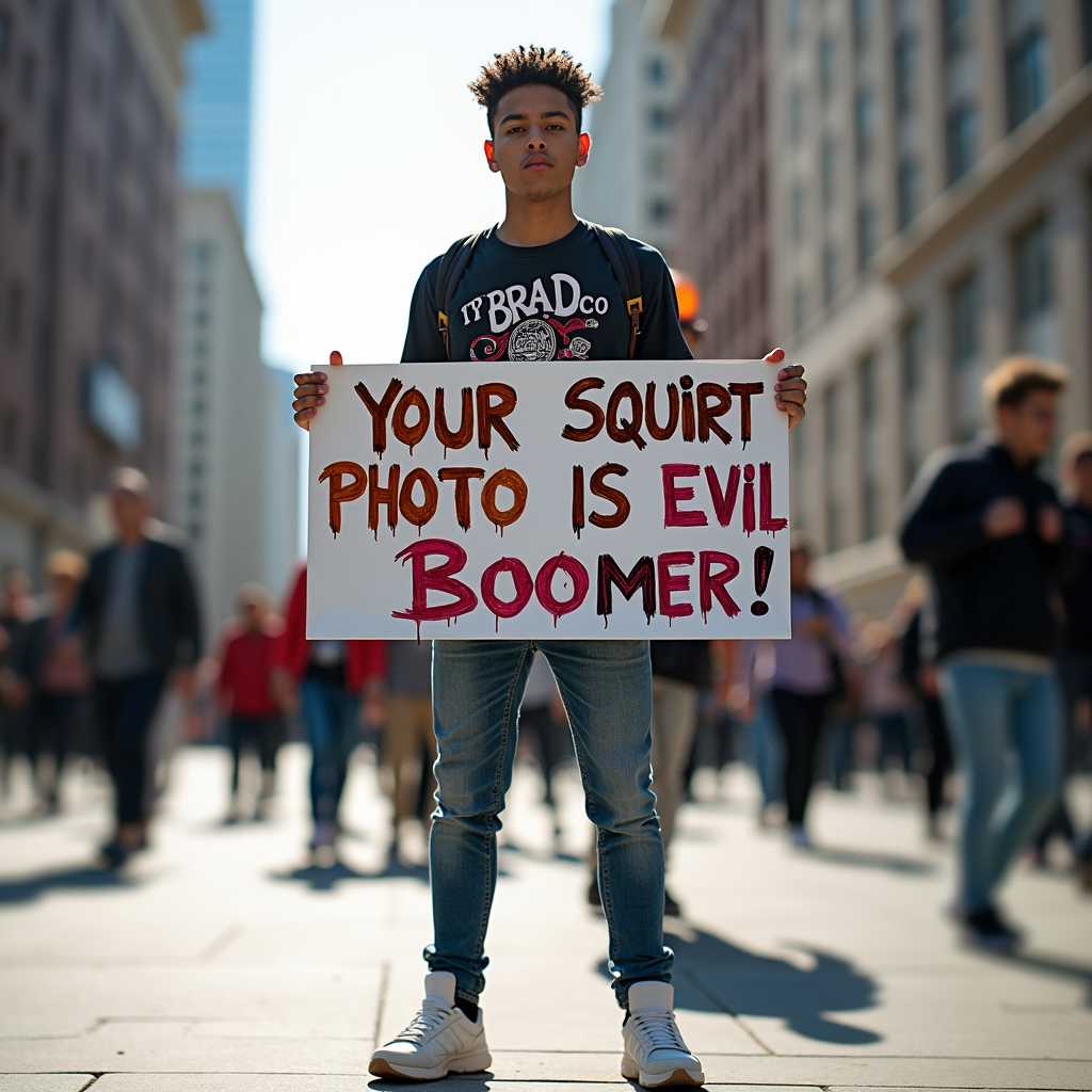 Title: "Your Squirt Photo is Evil, Boomer!"

Capture an intriguing photograph that blends the styles of contemporary urban protest and artistic double exposure. In the foreground, a young man stands confidently, holding a bold sign that reads "YOUR SQUIRT PHOTO IS EVIL, BOOMER!" The sign itself is designed with vibrant colors and graffiti-like font, emphasizing its rebellious message. 

The man's expression is one of determined defiance; his stance is strong and assertive, projecting a sense of purpose. He is dressed in casual, modern streetwear—a mix of graphic t-shirts, denim, and sneakers—suggesting youth and countercultural spirit. His surroundings are urban, perhaps a city square or street corner, with hints of bustling city life blurred in the background.

Utilize a double exposure technique that overlays a secondary image—possibly a faded, nostalgic photograph of a past protest or a subtle silhouette of a boomer-aged individual. This layered composition creates a striking contrast and complex narrative, emphasizing the generational divide and the power of modern protest.

The lighting is important—opt for natural sunlight filtering through city buildings, casting dynamic shadows and highlights, adding depth to the image. The overall mood should be one of tension mixed with creativity, capturing the viewer's attention