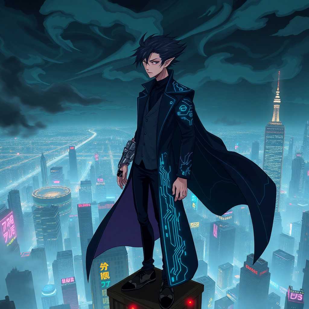 An anime-style character portrait of a devious antagonist in a steampunk-cyberpunk world. The villain is a slender figure with sharp, angular features, sporting a mechanical arm and a long, flowing coat with neon circuit patterns. He stands atop a towering skyscraper, overlooking a sprawling city bathed in the glow of neon signs and steam, with a dark, swirling sky hinting at a looming threat.