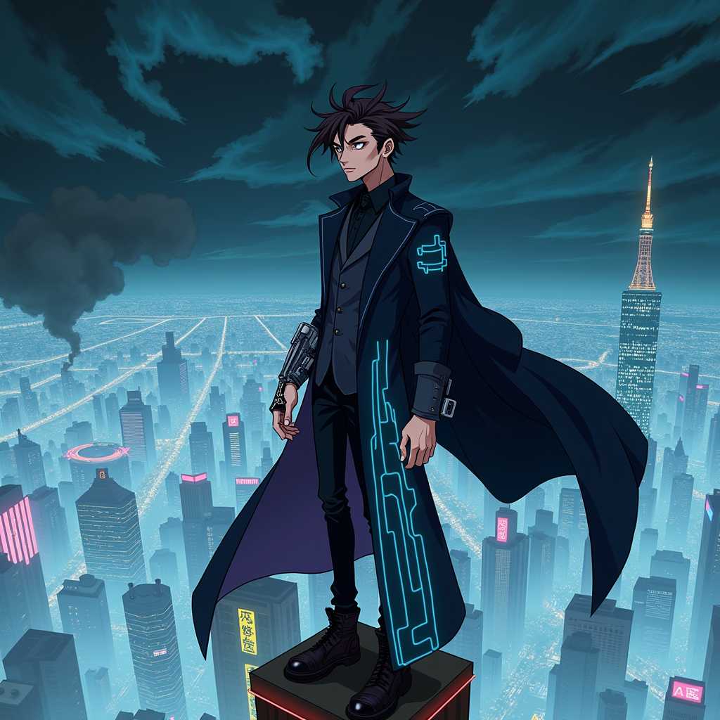 An anime-style character portrait of a devious antagonist in a steampunk-cyberpunk world. The villain is a slender figure with sharp, angular features, sporting a mechanical arm and a long, flowing coat with neon circuit patterns. He stands atop a towering skyscraper, overlooking a sprawling city bathed in the glow of neon signs and steam, with a dark, swirling sky hinting at a looming threat.