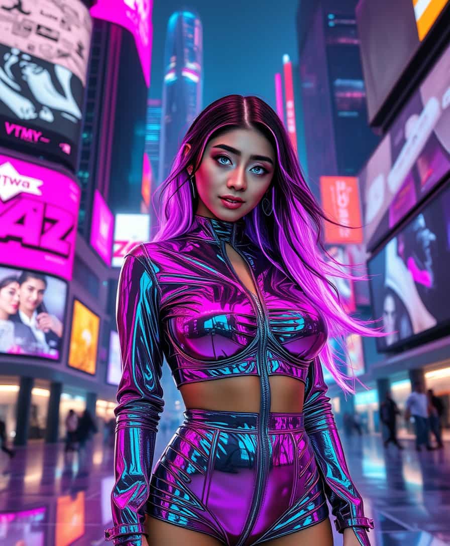 Title: "VTMY in a Cyberpunk Instagram Realm"

Visual Details: Present a highly stylized cyberpunk setting, infused with neon colors of magenta, cyan, and electric blue. VTMY, an elegant and futuristic digital influencer, stands at the center of the scene. She exudes a sleek high-tech aura, adorned in reflective chrome attire that catches glimmers of light, her eyes glowing with holographic overlays. Her hair, a cascade of luminous fiber-optic strands, flows freely, each strand pulsating with vibrant colors. In the background, towering skyscrapers with animated billboards display an endless stream of holographic advertisements.

Style: Capture the essence of a cyberpunk anime aesthetic combined with the hyper-realism of digital art. The image should emulate the high-contrast, slick style of digital concept art often seen in modern sci-fi illustrations.

Composition: VTMY is positioned centrally, confidently posing as if capturing the perfect selfie for a futuristic social media post. The camera angle is slightly below eye level, creating an empowering and dynamic composition. Surrounding her are digital effects like augmented reality filters adding layers of digital flowers and abstract glitch patterns.

Mood and Atmosphere: The scene radiates a vibrant, electric energy, encapsulating the bustling life of a