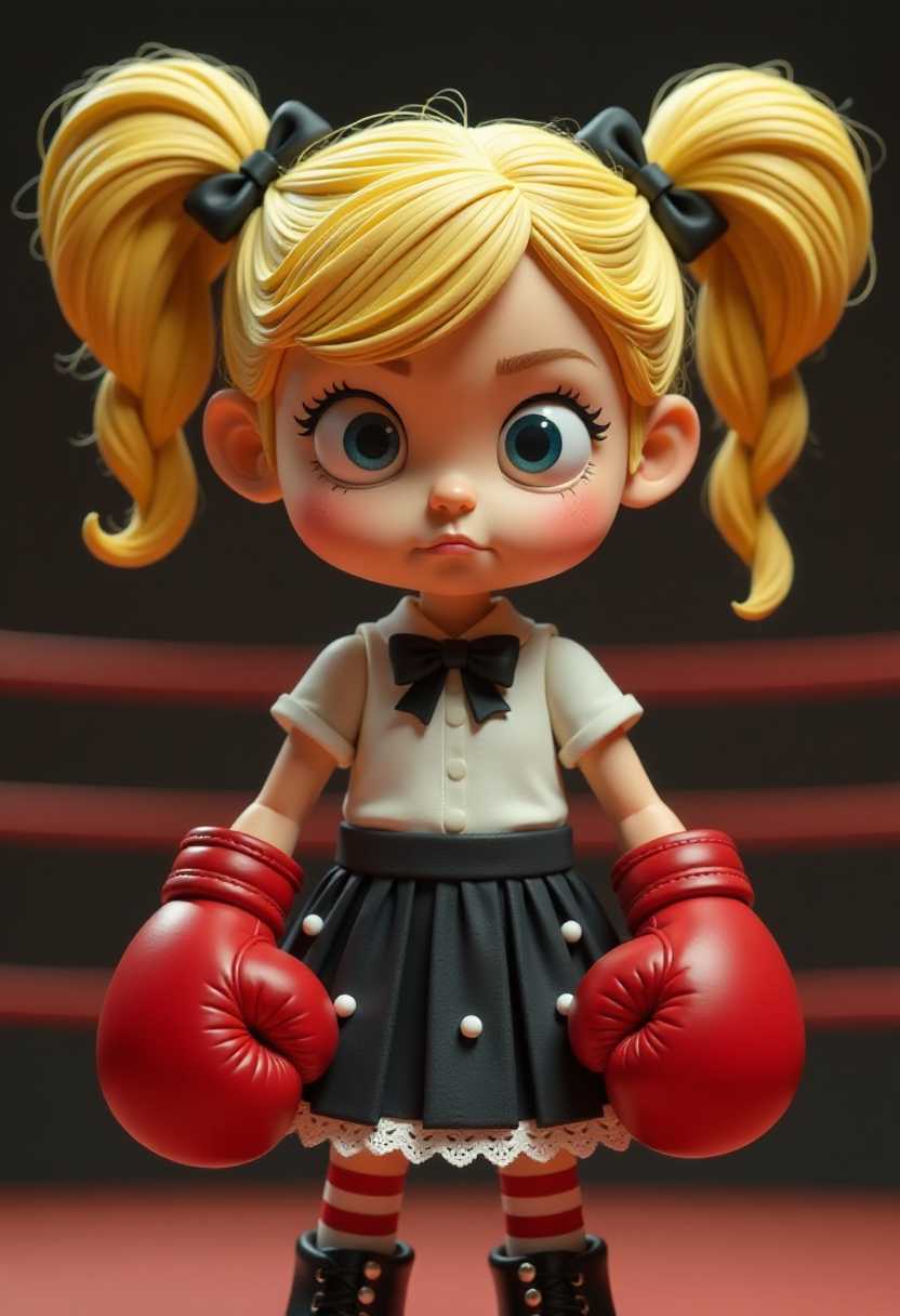 This image features a closeup of an exaggerated cartoon character that appears to be a stopmotion puppet or a claymation figure.The character is a female figure with a notably large head in proportion to her body, which is a common trait in caricature and stylized art to emphasize certain features. She has blonde hair styled into two large, round pigtails tied with black ribbons, which adds to her exaggerated, cartoonish appearance. The hair is rendered with soft, voluminous strands, giving it a threedimensional quality.Her facial features are pronounced with a determined or perhaps slightly grumpy expression, accentuated by her furrowed brows and downturned mouth. The eyes are large and expressive, with a hint of mischief or defiance. The skin texture is smooth with a subtle sheen, and there are small details like freckles and blush on her cheeks that add to her character.She is dressed in a schoolgirl outfit, which includes a shortsleeved white blouse with a black bow at the collar, a dark gray pleated skirt with a white lace hem, and a black belt tied at the waist. The skirt has a few white pompom details, which contrast with the dark fabric. The outfit is completed with red and white striped socks and black laceup boots.She is wearing red boxing gloves, which are oversized in comparison to her small hands, and they are positioned in front of her, ready for action. The gloves are detailed with stitching and a realistic sheen, indicating a leather texture. Boxing stadium backgrounf.