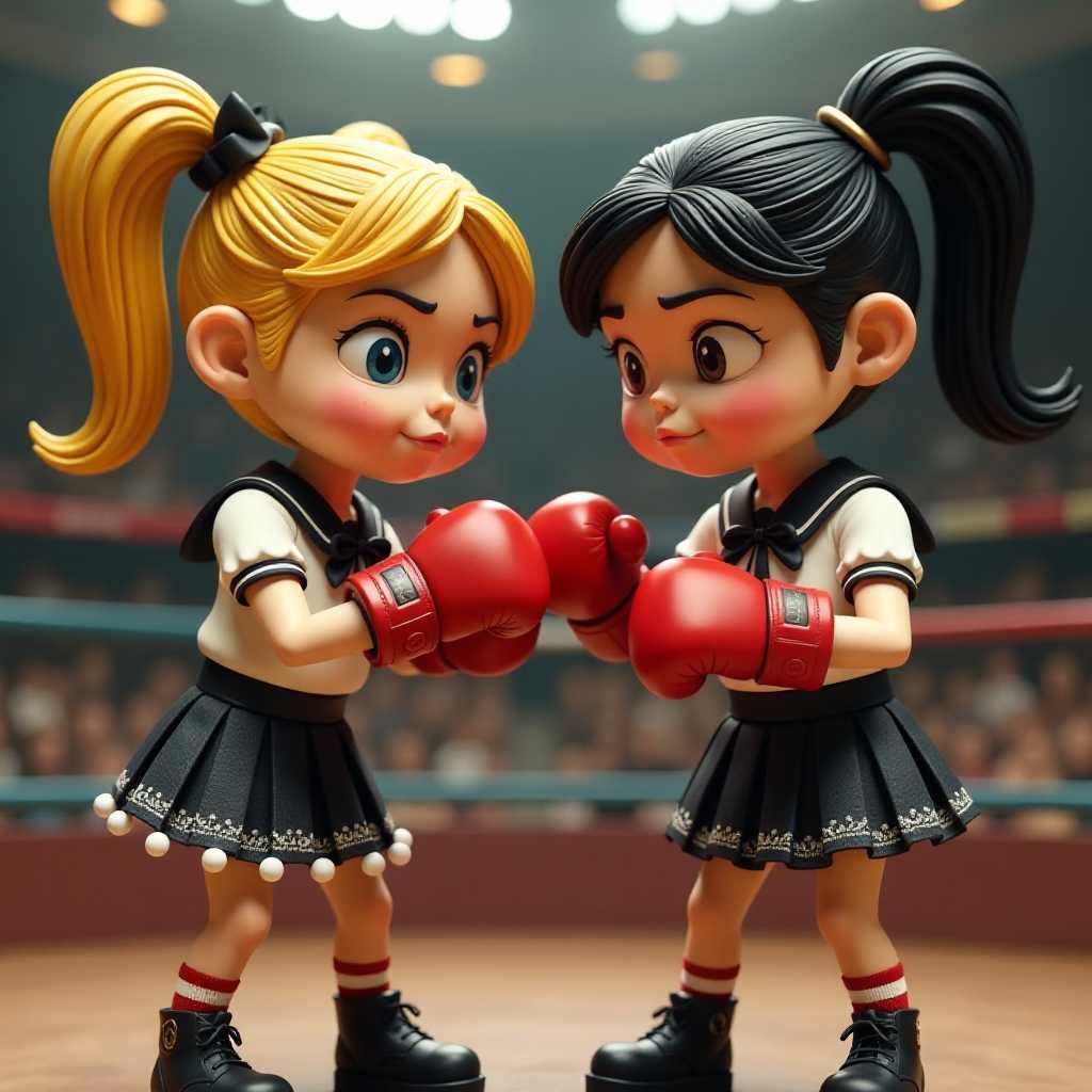 This image features a closeup of exaggerated cartoon characters that appears to be stopmotion puppets or claymation figures.The characters are 2 female figures with a notably large heads in proportion to their bodies, which is a common trait in caricature and stylized art to emphasize certain features. One has blonde hair styled into two large, round pigtails tied with black ribbons, which adds to her exaggerated, cartoonish appearance and the other has dark hair.  The hair is rendered with soft, voluminous strands, giving it a threedimensional quality.Her facial features are pronounced with a determined or perhaps slightly grumpy expression, accentuated by her furrowed brows and downturned mouth. The eyes are large and expressive, with a hint of mischief or defiance. The skin texture is smooth with a subtle sheen, and there are small details like freckles and blush on her cheeks that add to her character. They are dressed in a schoolgirl outfits, which includes a shortsleeved white blouse with a black bow at the collar, a dark gray pleated skirt with a white lace hem, and a black belt tied at the waist. The skirt has a few white pompom details, which contrast with the dark fabric. The outfit is completed with red and white striped socks and black laceup boots.She is wearing red boxing gloves, which are oversized in comparison to her small hands, and they are positioned in front of her, ready for action. The gloves are detailed with stitching and a realistic sheen, indicating a leather texture. Boxing stadium backgrounf. The characters are punching eachbother with confident posture and dtermined delight.