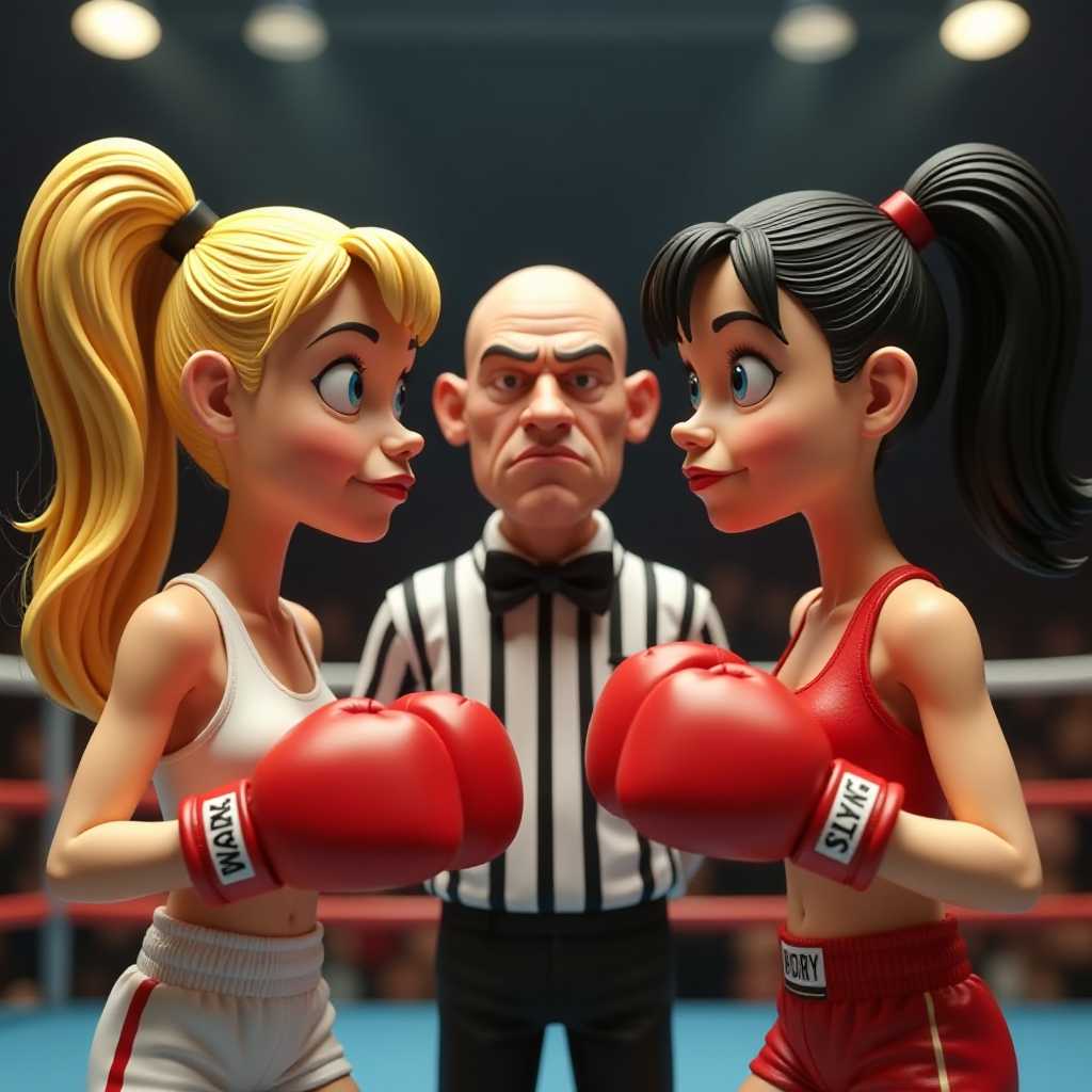 This image features a closeup of exaggerated cartoon characters that appears to be stopmotion puppets or claymation figures.The characters are 2 female boxers wearing boxing gloves with notably large heads in proportion to their bodies, which is a common trait in caricature and stylized art to emphasize certain features. One has blonde hair styled into two large, round pigtails tied with black ribbons, which adds to her exaggerated, cartoonish appearance and the other has dark hair. A ver angry short bald referee stands between them. Boxing stadium background.