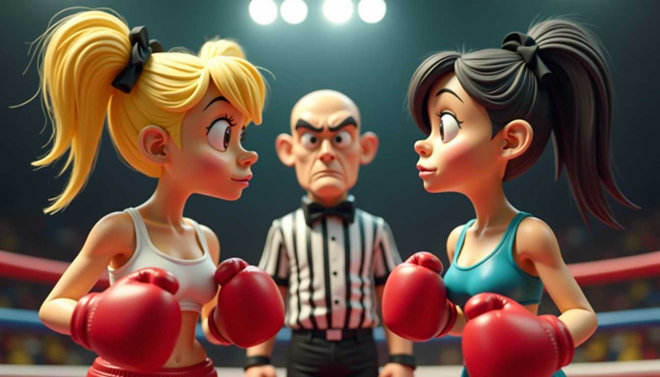 This image features a closeup of exaggerated cartoon characters that appears to be stopmotion puppets or claymation figures.The characters are 2 very cartoonish female boxers wearing boxing gloves with notably large heads in proportion to their bodies, which is a common trait in caricature and stylized art to emphasize certain features. One has blonde hair styled into two large, round pigtails tied with black ribbons, which adds to her exaggerated, cartoonish appearance and the other has dark hair. A ver angry short bald referee stands between them. Boxing stadium background.