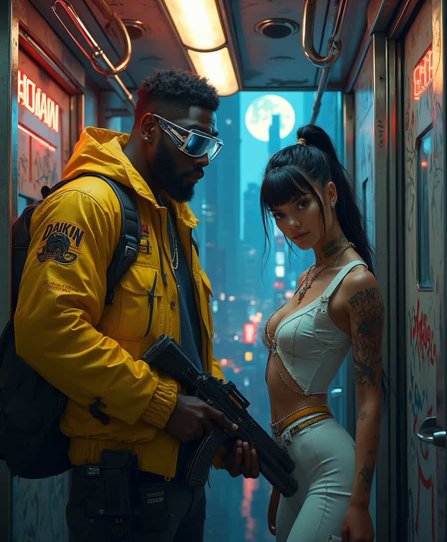 Stylish Couple in Futuristic Neon Cityscape with Guns and Backpacks