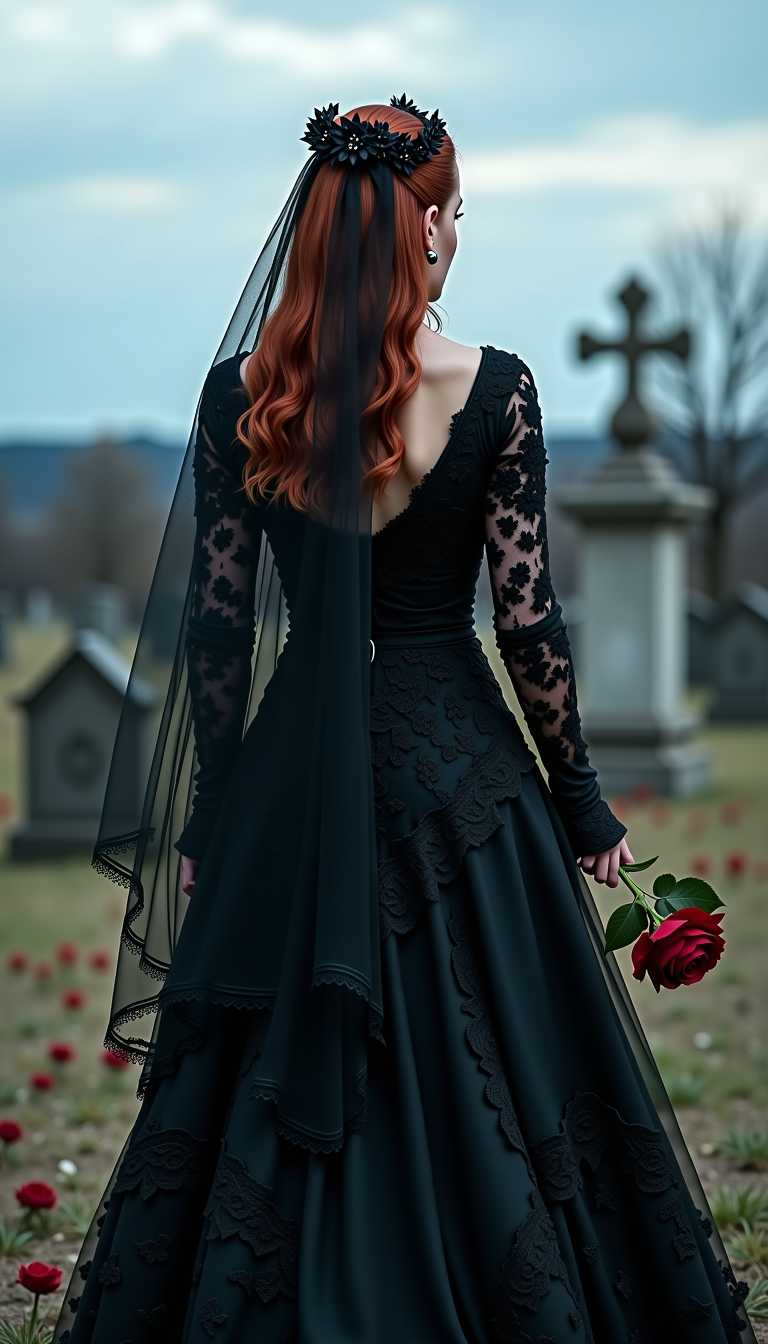 Back shot of the Witcher approaching to Red hair woman Ruda,, only back of the Witcher is visible, covering most of the scene,  Scene is int the graveyard, Woman Ruda is looking towards Witcher her look is full of sad,her skin is extremely pale is dressed in a black gown with intricate lace and beadwork, which adds to the gothic aesthetic. The gown is detailed with floral patterns and ruffles, and the figure is adorned with a black veil and a headpiece that features a black pearl, which is a common symbol in gothic art. Woman is giving red rose  yo Witcher, overall dark palette of the photo, the background is a blend of a clear blue sky with wispy clouds and a barren landscape with a few scattered roses, which contrasts with the figure's attire and adds to the overall gothic feel of the image. Scene is taking place in an abandoned old graveyard. lighting in the scene is dramatic, Woman is being the focal point of the light source, which casts a chiaroscuro effect, creating a sense of depth and drama and melancholy