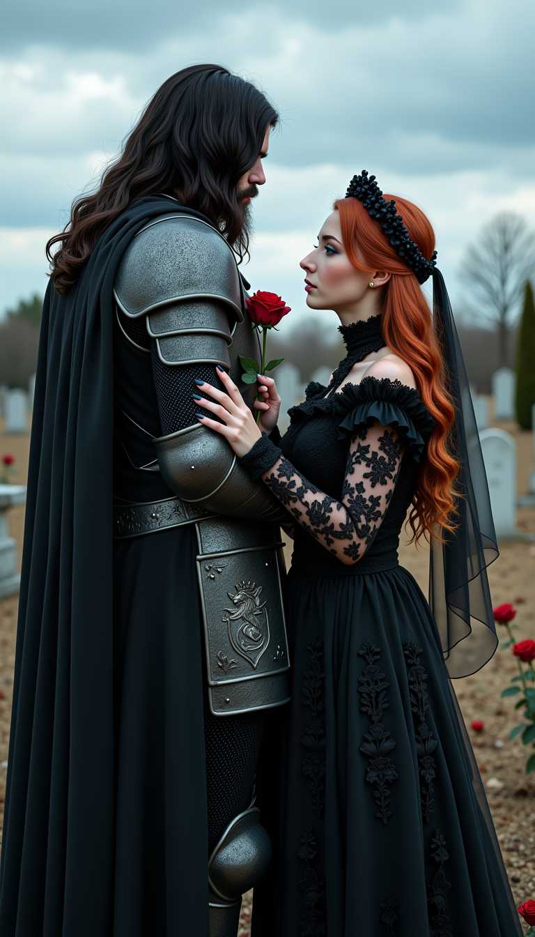 Ruda, Back shot of the black hair, blue eyes warrior in a chainmail approaching to Red hair woman Ruda, KWarrior is wearing knight tabard with a lion, has no helmet only the back of the knight is visible, covering most of the scene,  Scene is int the graveyard, Woman Ruda is looking towards knight her look is full of sad,her skin is extremely pale is dressed in a black gown with intricate lace and beadwork, which adds to the gothic aesthetic. The gown is detailed with floral patterns and ruffles, and the figure is adorned with a black veil and a headpiece that features a black pearl, which is a common symbol in gothic art. Woman is giving red rose  to the kinght overall dark palette of the photo, the background is a blend of a clear blue sky with wispy clouds and a barren landscape with a few scattered roses, which contrasts with the figure's attire and adds to the overall gothic feel of the image. Scene is taking place in an abandoned old graveyard. lighting in the scene is dramatic, Woman is being the focal point of the light source, which casts a chiaroscuro effect, creating a sense of depth and drama and melancholy