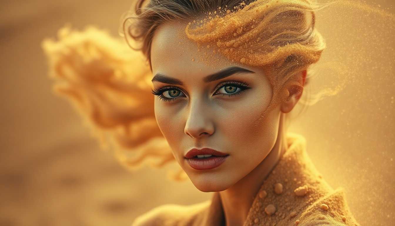 A cinematic and captivating portrait photograph featuring a stunning woman with a mesmerizing porous sandstone face. The intricate details of her facial features are accentuated with a delicate touch of makeup. The image begins with the detailed, intricate face, which gradually dissolves into swirling sand as it is blown away by the wind. The sepia-toned scene is infused with volumetric dust, shimmering heat, and dramatic, cinematic lighting that highlights the extreme swirling sand and intricate particles. The overall effect is a striking blend of fashion, portrait photography, and an ethereal, desert-inspired atmosphere., cinematic, photo, fashion, portrait photography