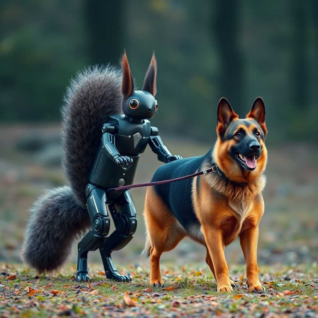 a hyper-realistic photo of a German Shepherd being walked on a leash by a gigantic robot squirrel