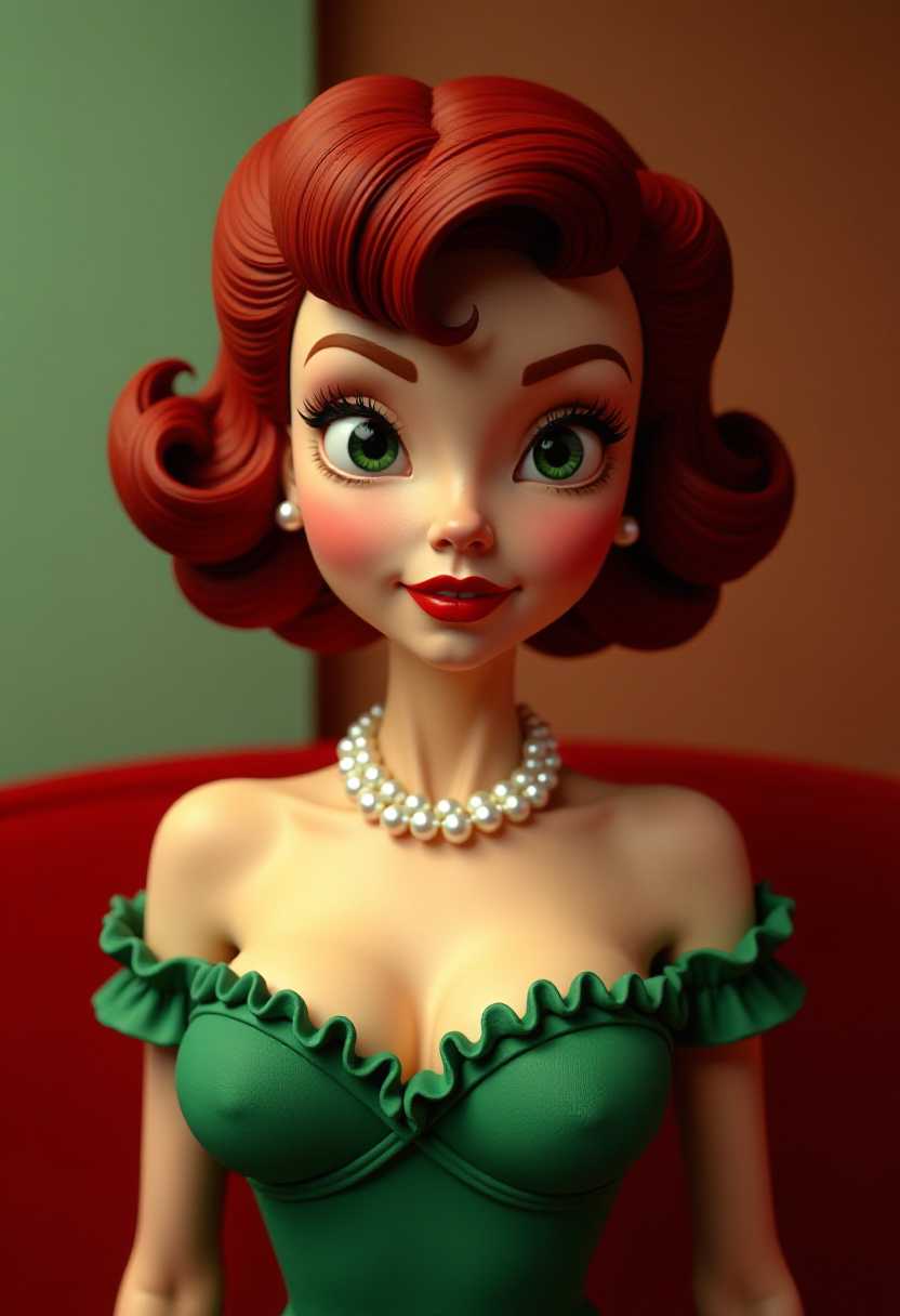 Vibrant Pinup Girl with Retro Red Hair and Pearl Necklace