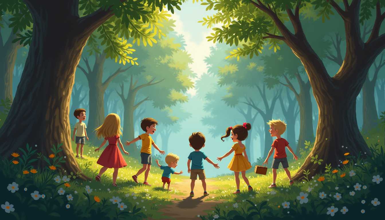 disney style, forest with many boys and girls playing