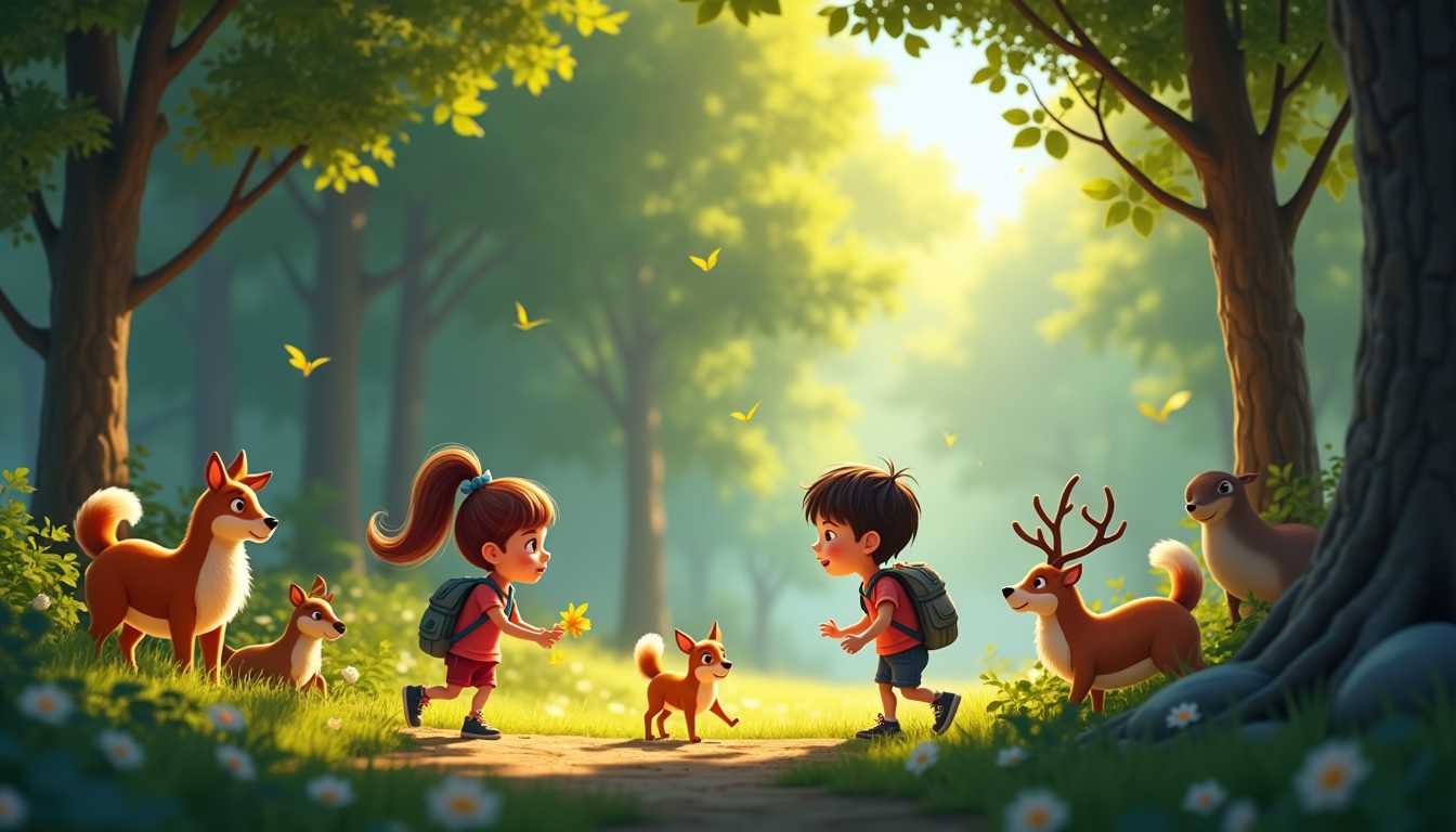 pixar style, disney style, Forest with lots of boys and girls playing, surrounded by animals