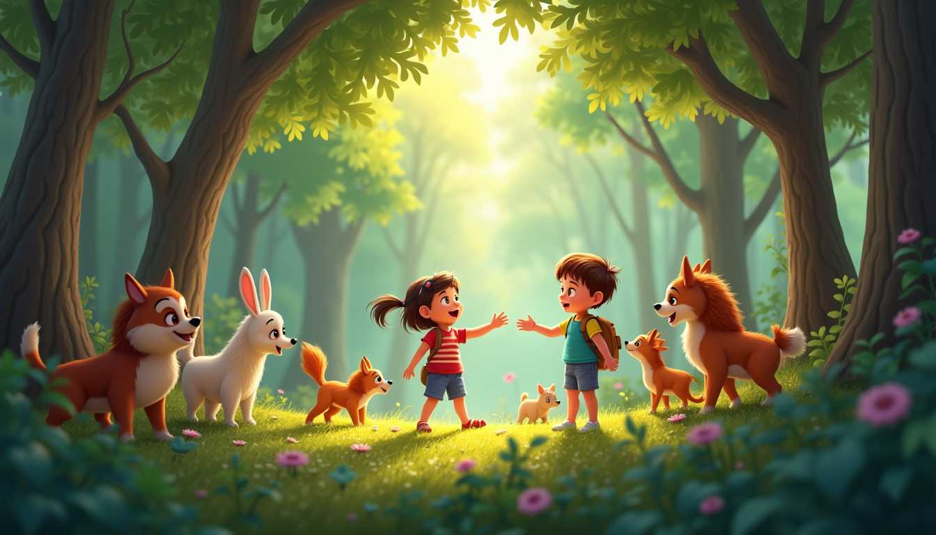 pixar style, disney style, Forest with lots of boys and girls playing, surrounded by animals