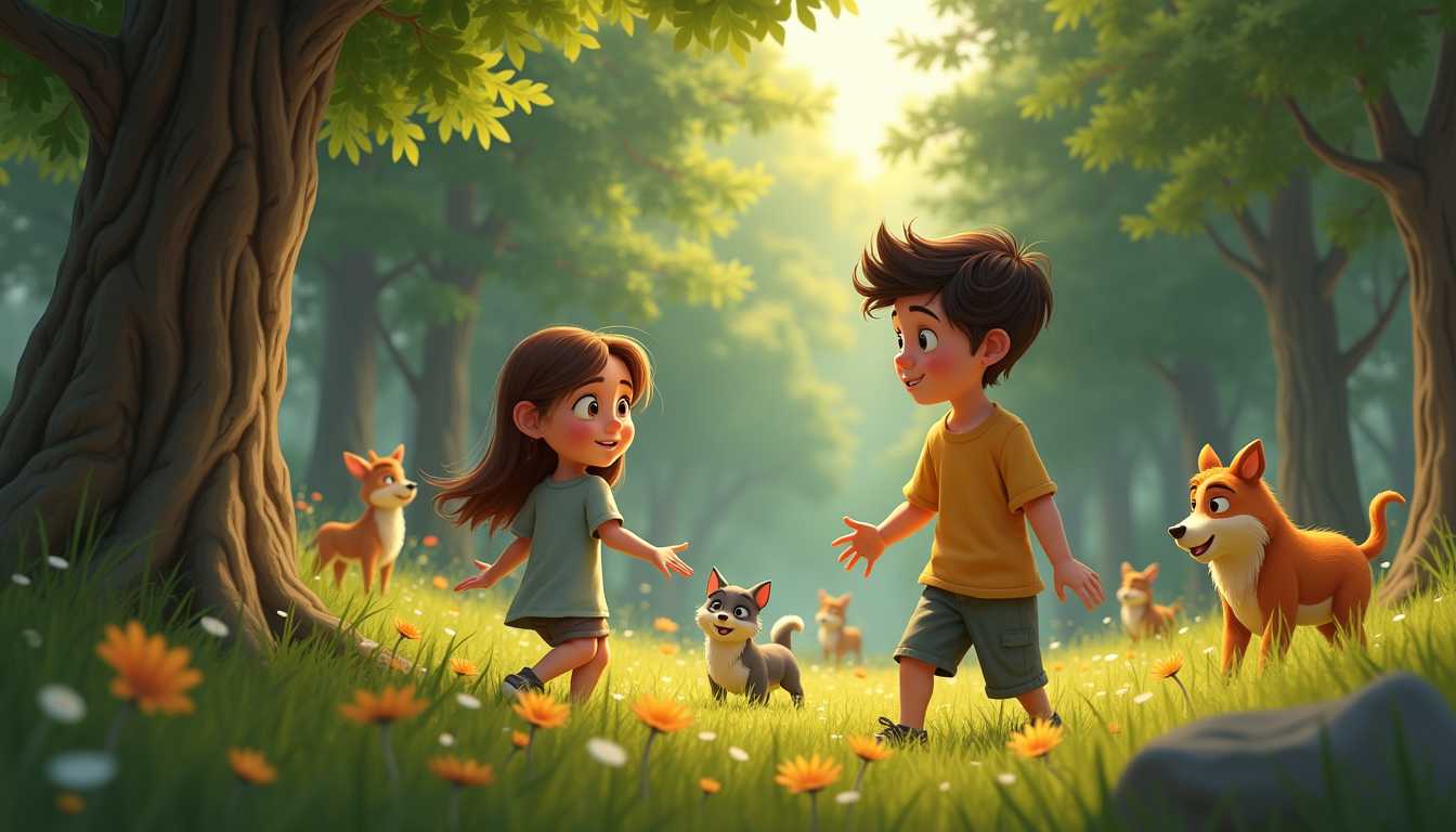 cartoon, animation, bright colors, fun, pixar style, disney style, Forest with lots of boys and girls playing, surrounded by animals