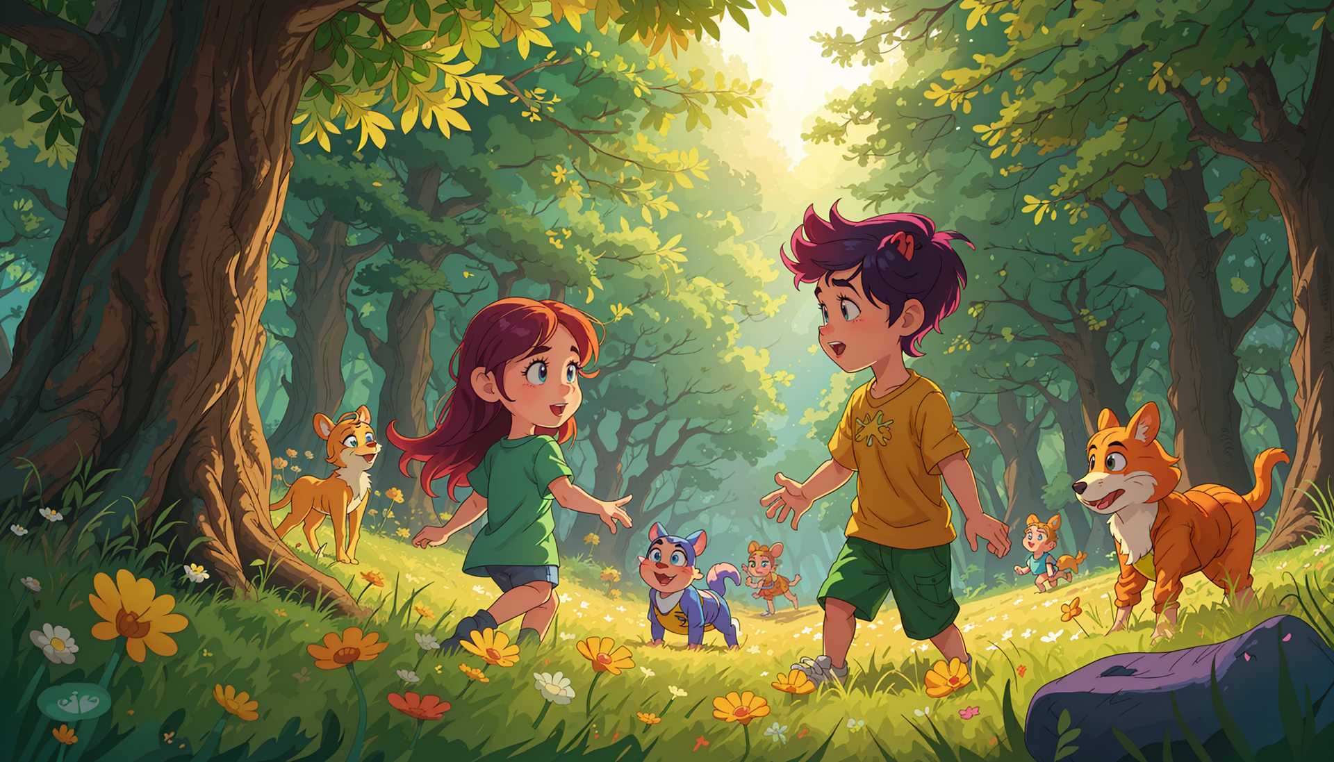 AI-generated image: cartoon, animation, bright colors, fun, pixar style, disney style, Forest with lots of boys and girl