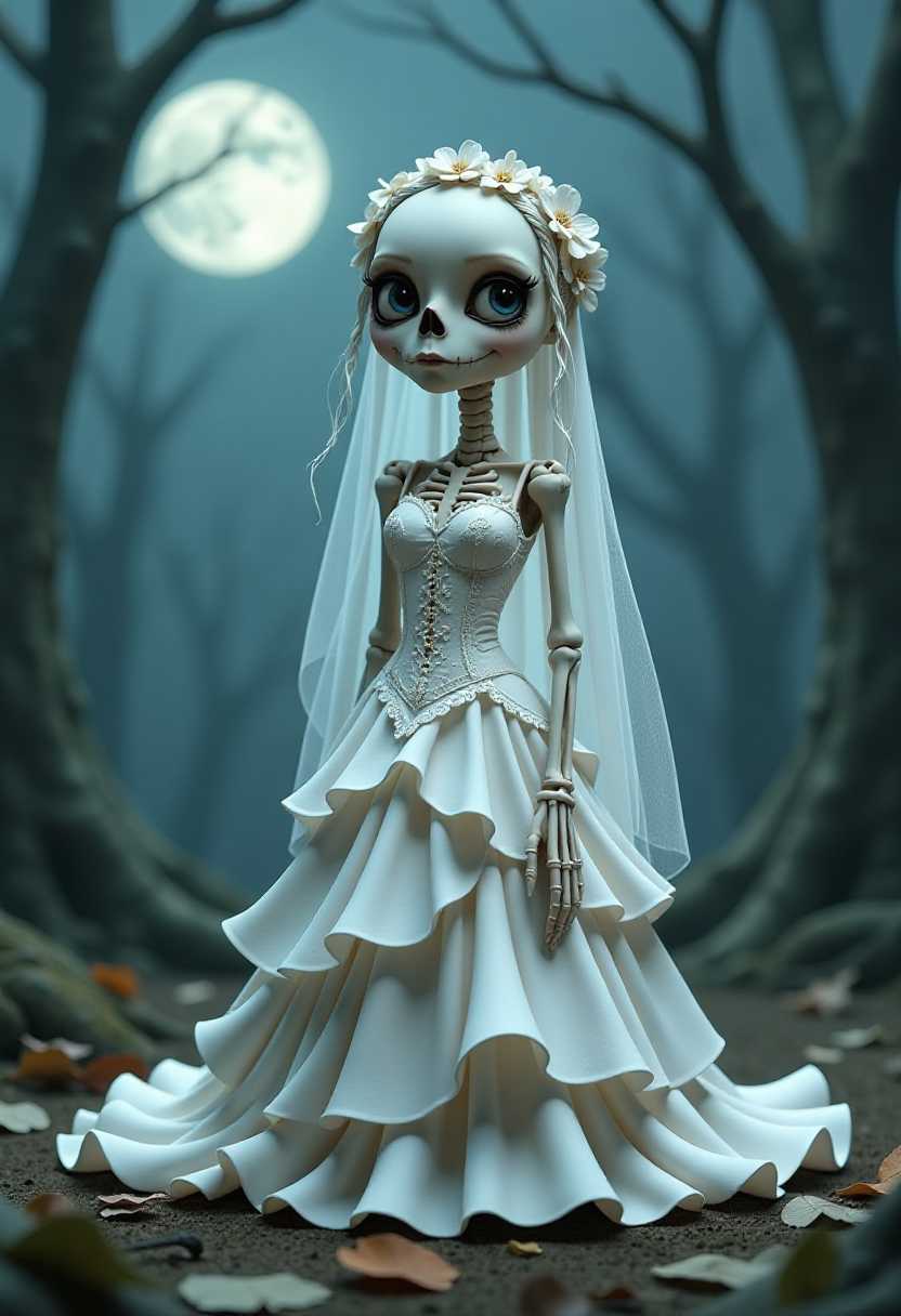 This image features a character that appears to be a stopmotion clay animation figure. The art style is whimsical and cartoonish, with exaggerated facial features and a playful, fantastical quality. The medium seems to be a soft, pliable clay, which is a common material for stopmotion animation. This image is a digital artwork that depicts a skeletal figure dressed in a bridal gown. The art style is a blend of gothic and surreal, with a touch of fantasy. The medium appears to be digital painting, given the smooth gradients and blending of colors.The colors in the image are predominantly cool tones, with a focus on whites, grays, and blacks, creating a stark contrast against the dark background. The bridal gown is a standout feature, with layers of white fabric that cascade down in a ruffled style. The gown is detailed with lace and floral embellishments, adding a touch of elegance to the otherwise macabre theme.The skeletal figure is adorned with a bridal veil that drapes gracefully over the shoulders and down the back. The veil is also detailed with lace and floral patterns, echoing the gowns design. The figures hair is styled in a flowing manner, with strands cascading down the back and sides, and is embellished with flowers, which complements the bridal theme.The background of the image is a dark, twisted forest, with barren trees that reach into the night sky. A full moon hangs in the background, casting a soft glow on the scene, highlighting the textures and details of the figure and the gown. Fallen leaves are scattered across the scene, adding to the eerie and mysterious atmosphere.Overall, the image is a striking and thoughtprovoking piece that juxtaposes the themes of life and death, love and loss, in a visually compelling way.