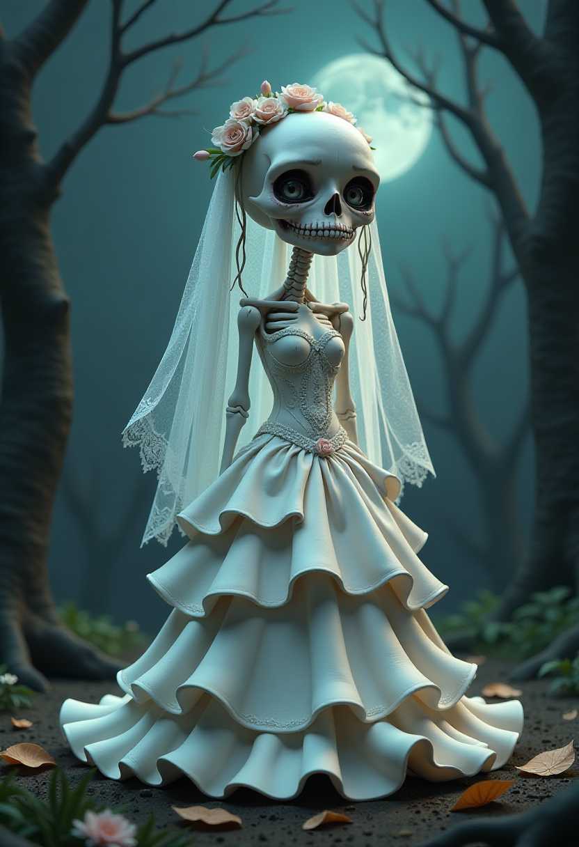 This image features a character that appears to be a stopmotion clay animation figure. The art style is whimsical and cartoonish, with exaggerated facial features and a playful, fantastical quality. The medium seems to be a soft, pliable clay, which is a common material for stopmotion animation. This image is a digital artwork that depicts a skeletal figure dressed in a bridal gown. The art style is a blend of gothic and surreal, with a touch of fantasy. The medium appears to be digital painting, given the smooth gradients and blending of colors.The colors in the image are predominantly cool tones, with a focus on whites, grays, and blacks, creating a stark contrast against the dark background. The bridal gown is a standout feature, with layers of white fabric that cascade down in a ruffled style. The gown is detailed with lace and floral embellishments, adding a touch of elegance to the otherwise macabre theme.The skeletal figure is adorned with a bridal veil that drapes gracefully over the shoulders and down the back. The veil is also detailed with lace and floral patterns, echoing the gowns design. The figures hair is styled in a flowing manner, with strands cascading down the back and sides, and is embellished with flowers, which complements the bridal theme.The background of the image is a dark, twisted forest, with barren trees that reach into the night sky. A full moon hangs in the background, casting a soft glow on the scene, highlighting the textures and details of the figure and the gown. Fallen leaves are scattered across the scene, adding to the eerie and mysterious atmosphere.Overall, the image is a striking and thoughtprovoking piece that juxtaposes the themes of life and death, love and loss, in a visually compelling way.