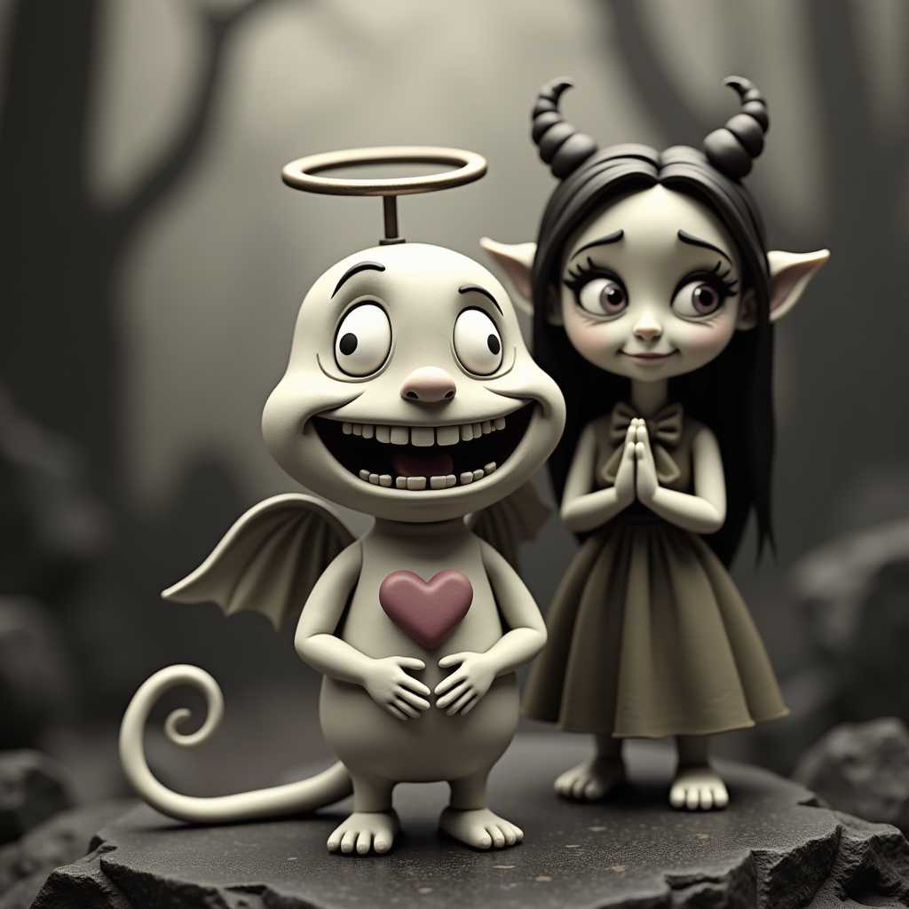 This image features characters that appears to be stopmotion clay animation figures. The art style is whimsical and cartoonish, with exaggerated facial features and a playful, fantastical quality. The medium seems to be a soft, pliable clay, which is a common material for stopmotion animation. The central figure in the image is a small, humanoid creature with a wide, toothy grin and large, expressive eyes. It has a notable heart shape on its chest, and its hands are clasped together in front of it. The creature has a halo above its head, suggesting it may be an angelic character.To the right of the central figure is another character, which appears to be a woman with a mischievous expression. She has a pair of horns protruding from her head, and her tail curls around her body. She is wearing a dress with a bow at the waist, and her hands are clasped behind her back. The womans attire and demeanor give her a devilish appearance. Spooky graveyard background.